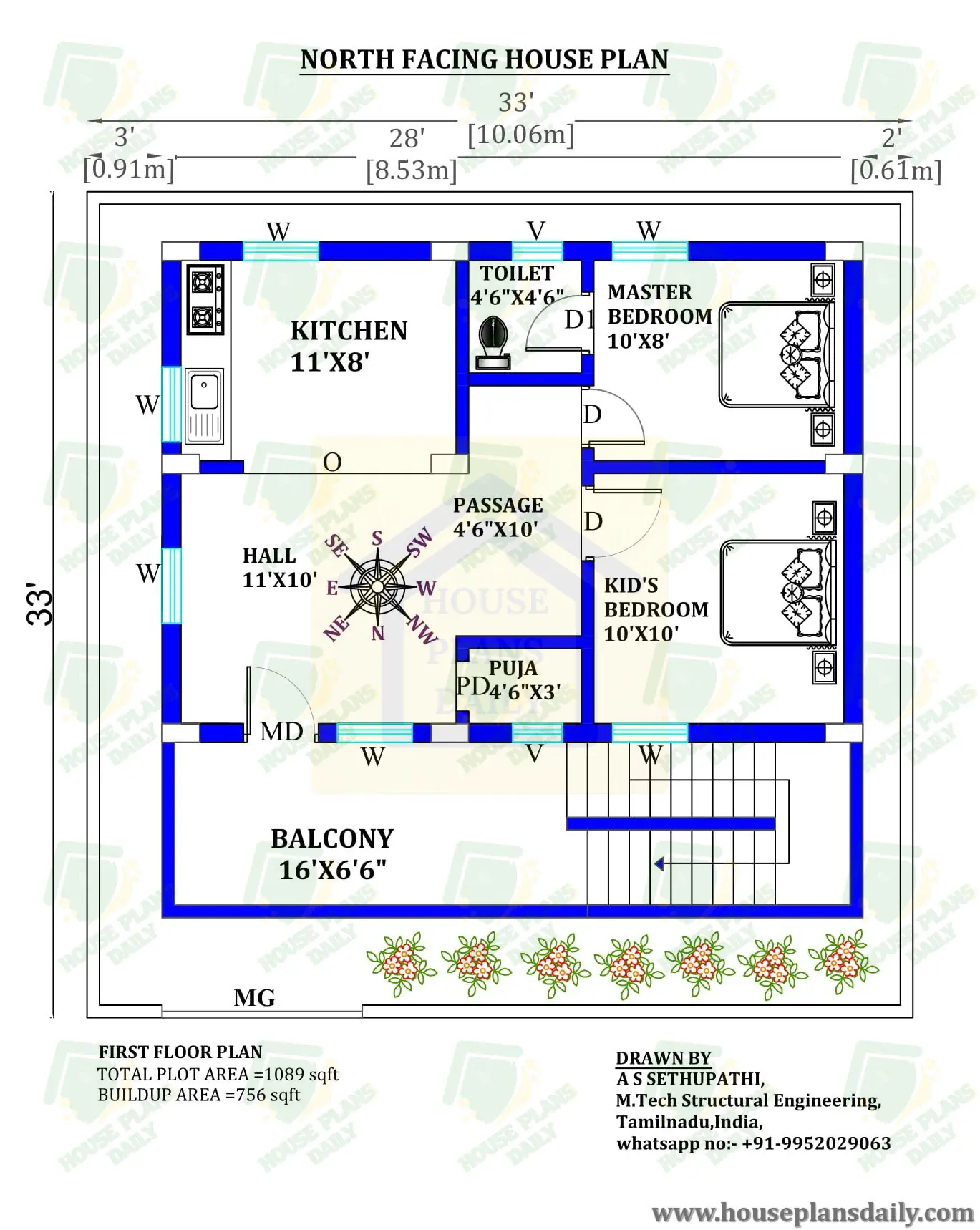 33x33 North Face Home Plan As Per Vastu