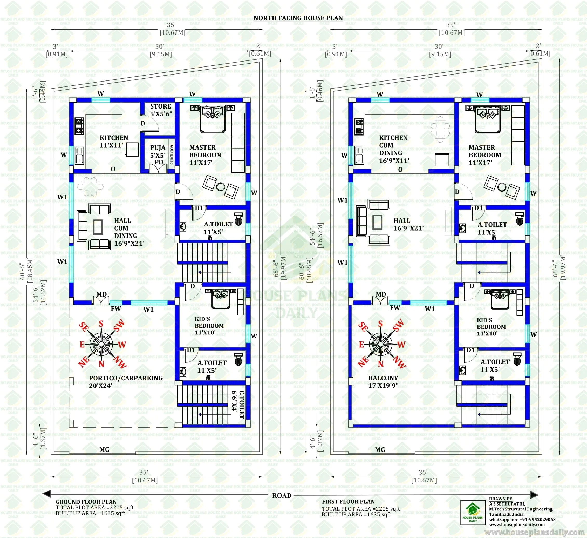 2205 Sqft North Facing Duplex House Plan Double Staircase