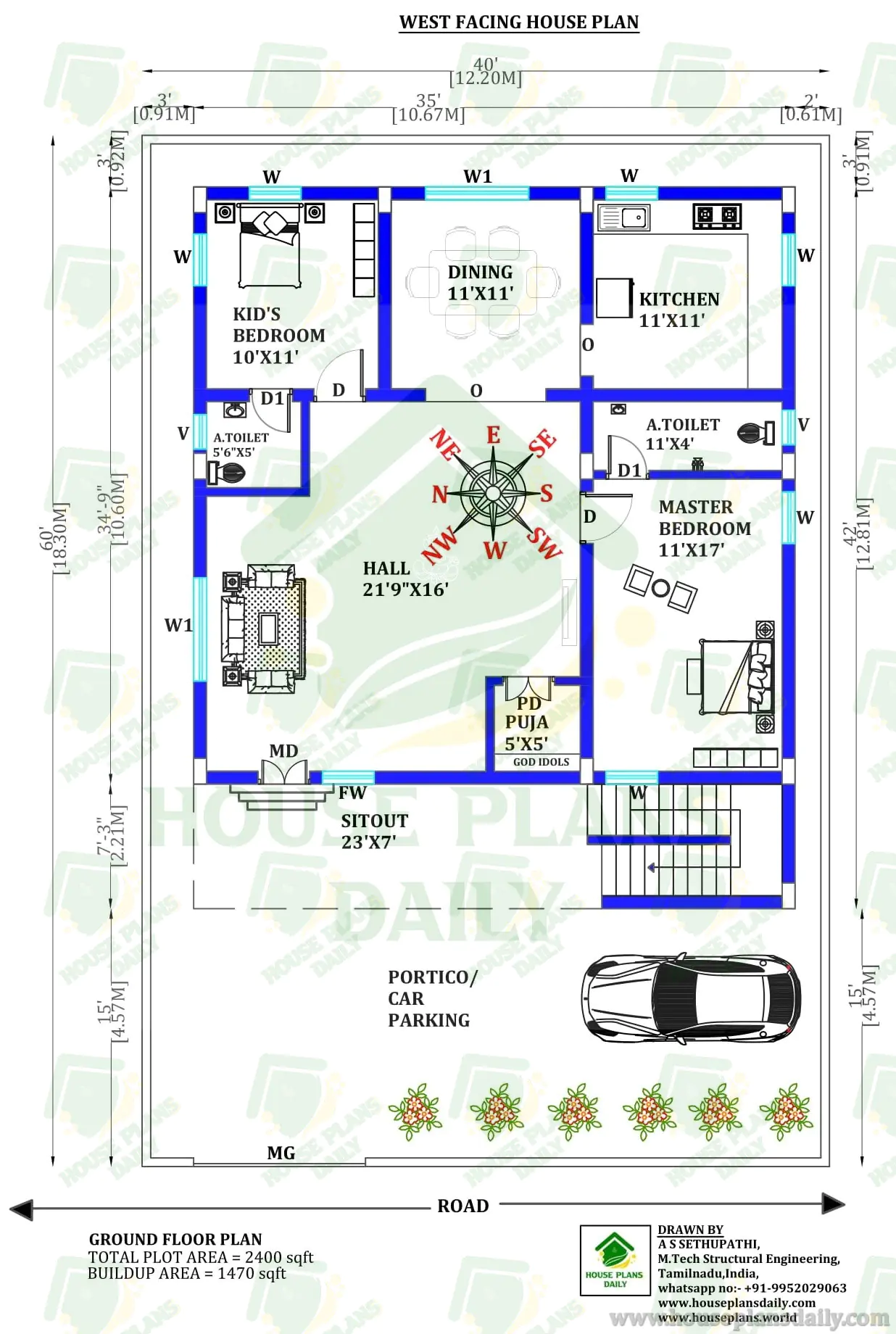 40x60 West Entrance Double Bedroom Layout | 1715 Sqft Ground Level Drawing with Car Porch