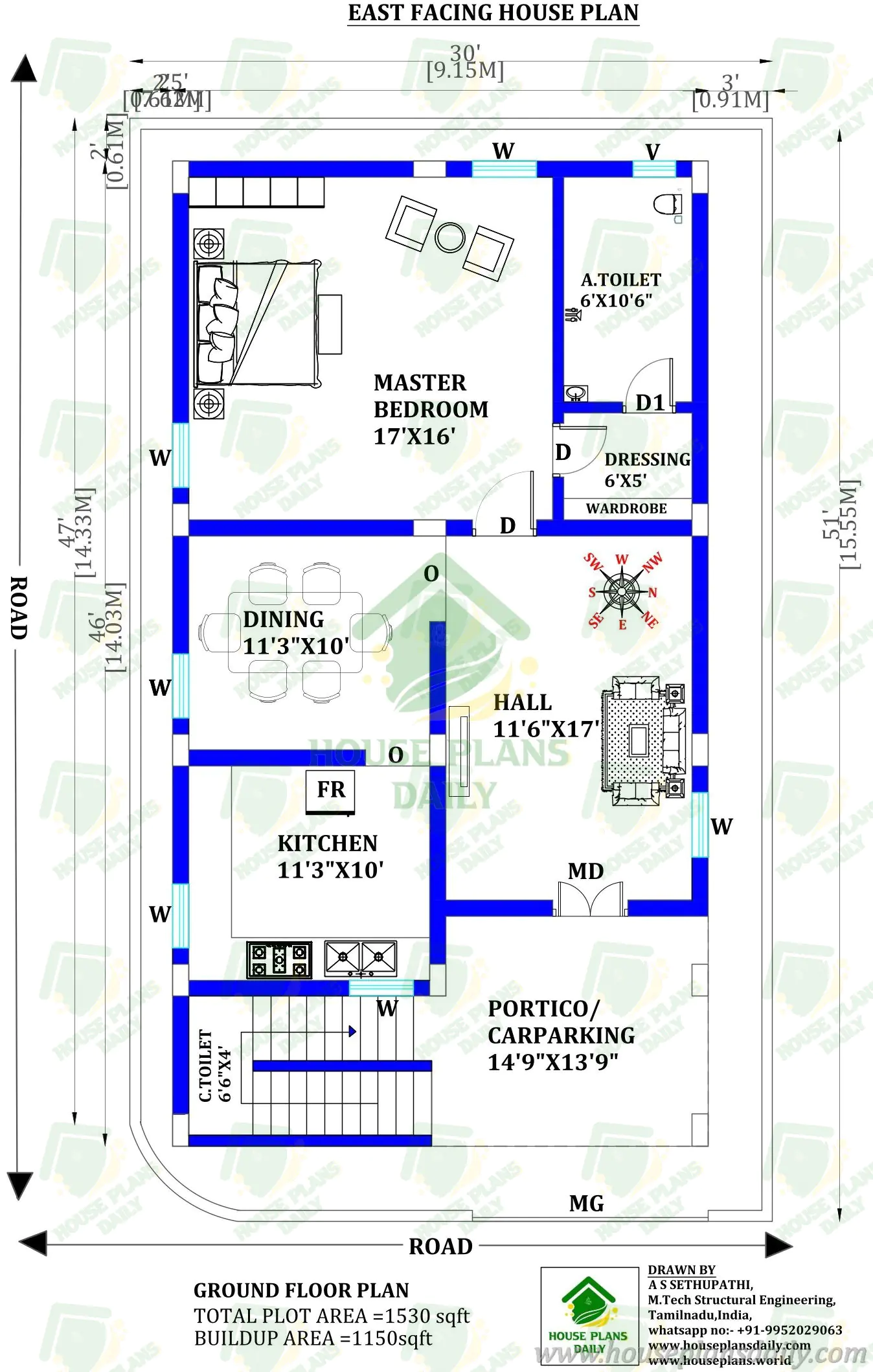 1200 to1500 Sqft East Facing 1BHK House Plan with Vastu | Simple & Budget Home Design