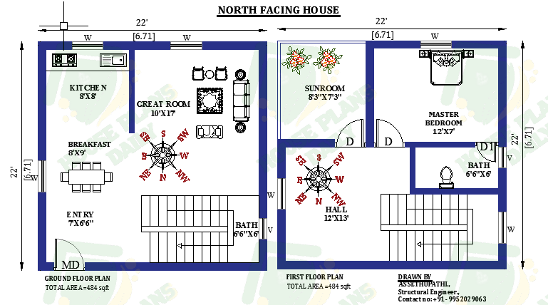 22x22 North Facing small House Design As Per Vastu Shastra