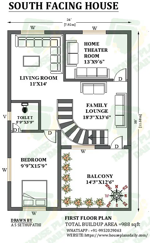 26x38 South Facing Duplex Home Design