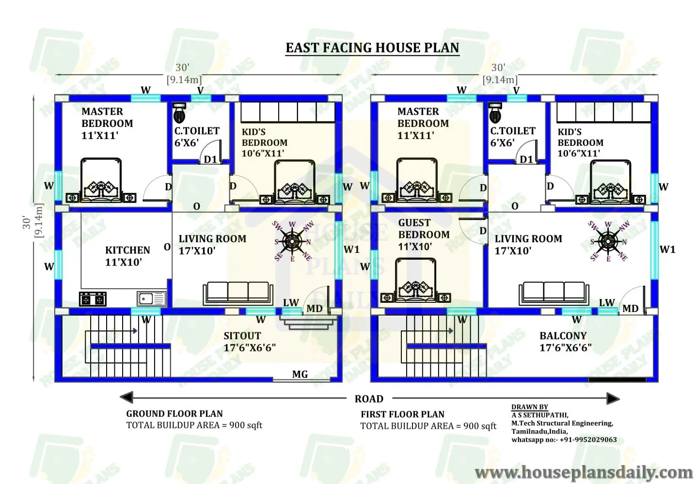 30x30 East Vastu House Plan