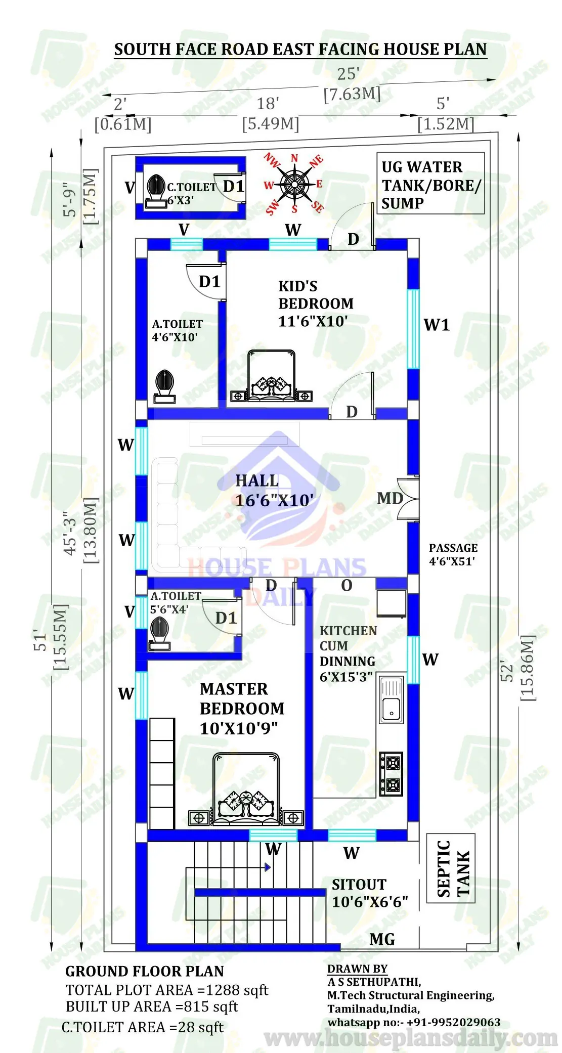 Plan for the House East Facing | 2 Bedroom House Plan