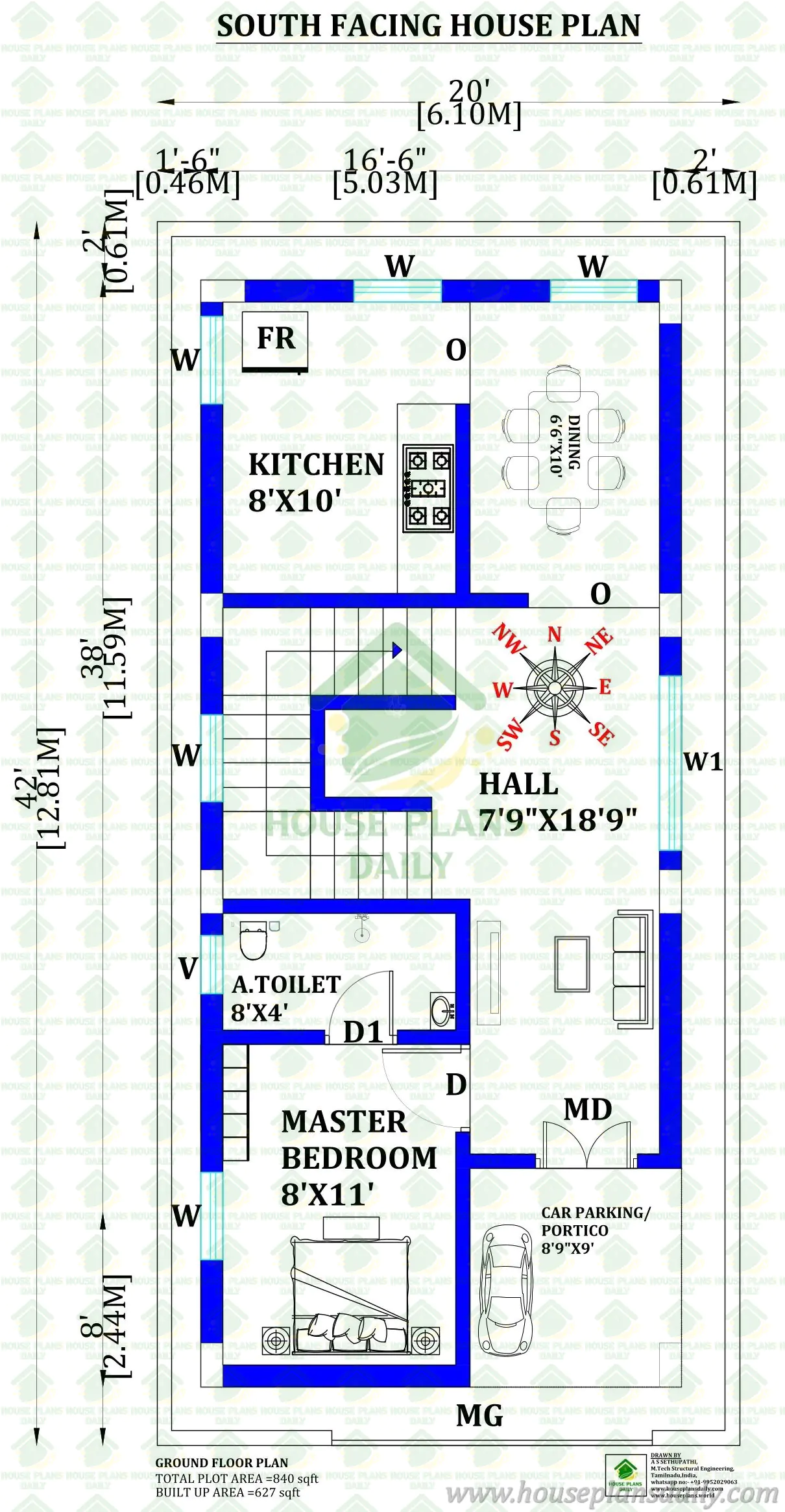 20x42 South Facing 1BHK House Plan | Modern Home Design with Car Parking
