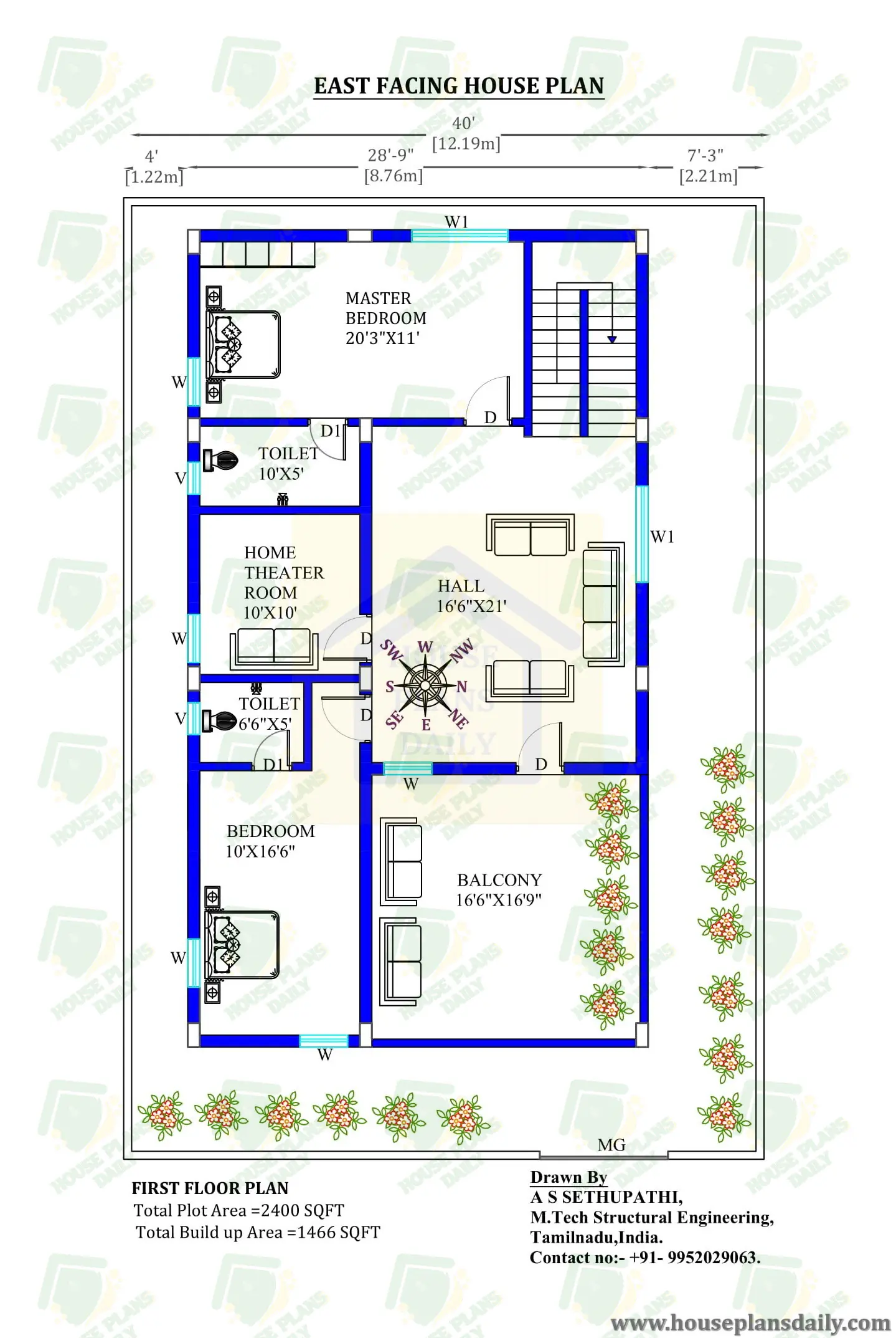 40x60 east facing home Vastu plan
