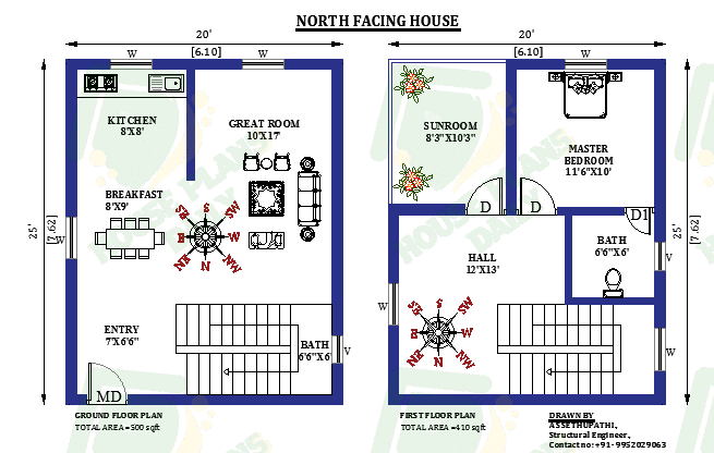 20x25 North Facing House plan as per Vastu Shastra