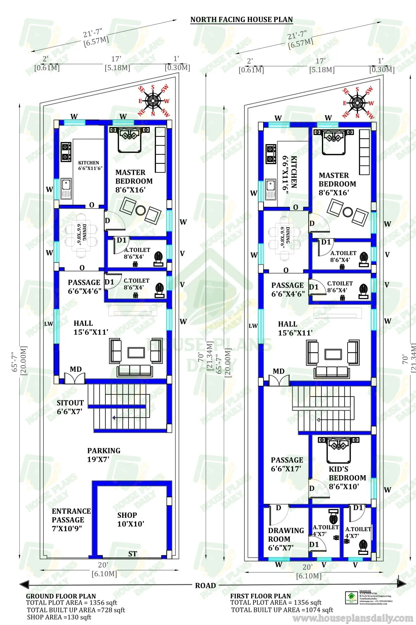 NORTH FACING 20×65 HOUSE PLAN WITH SHOP