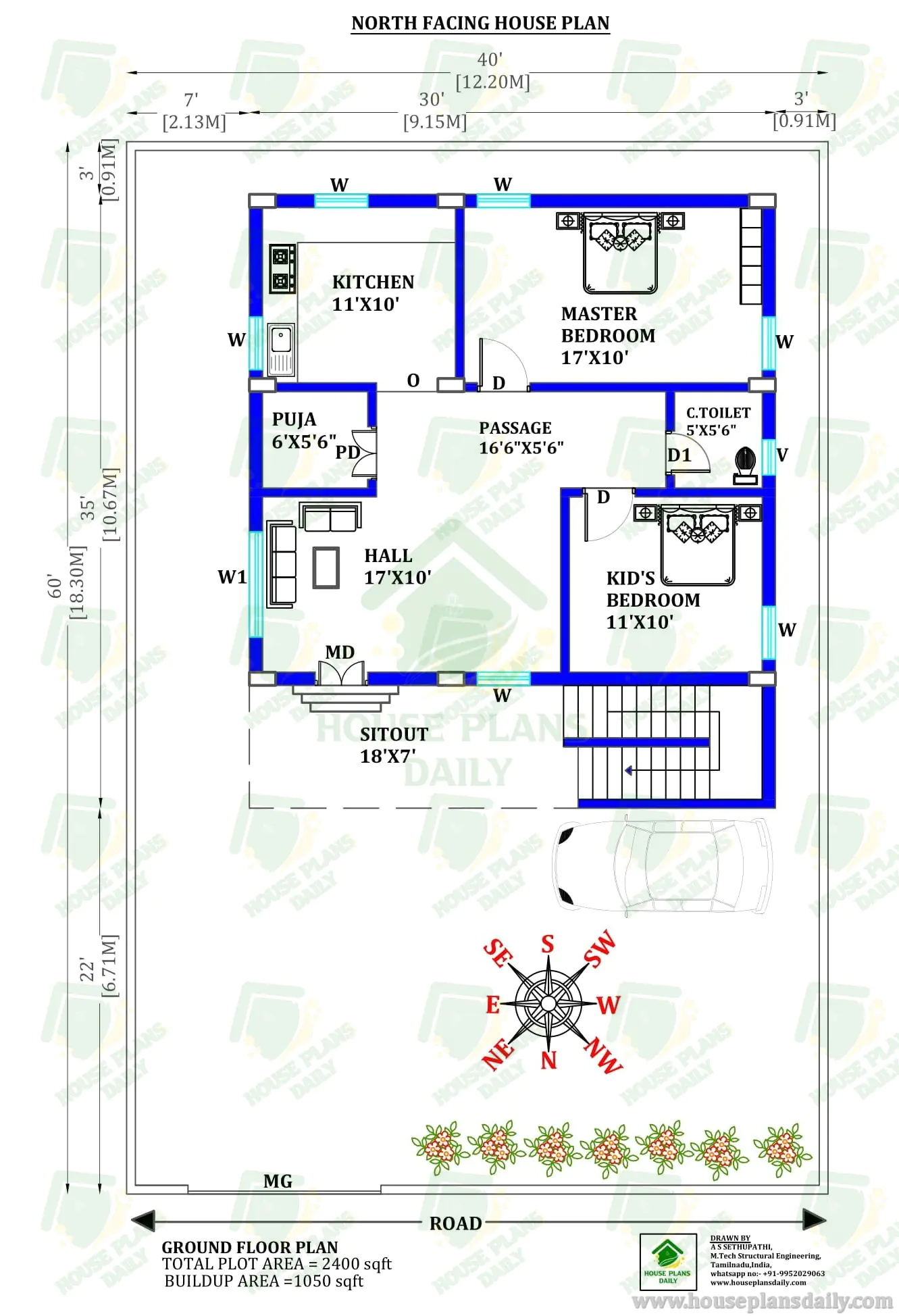 40x60 North Facing 2BHK House Plan as per Vastu | 1050 Sqft Ground Floor Design