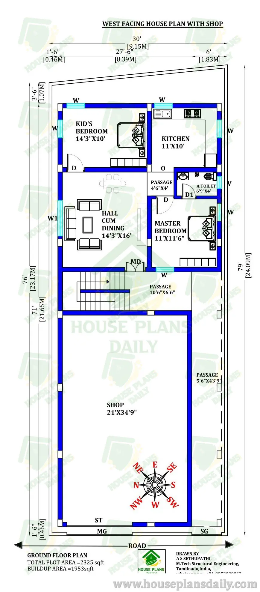 House Plan with Shop | 2BHK West Facing House Plan | Shop House Plan