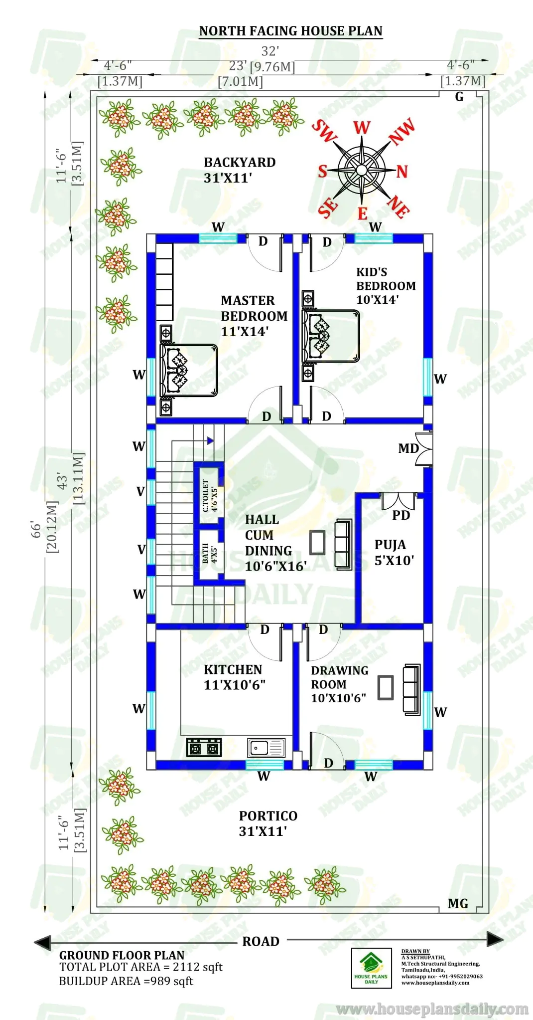 North Facing Ground Floor House Plan with Backyard | 2 Bedroom Vastu Home Design