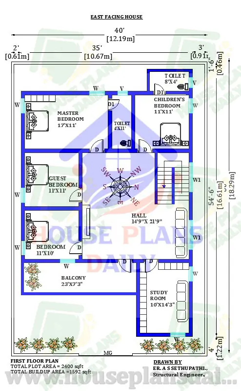 40x60 East Facing G+1 House Floor Plan