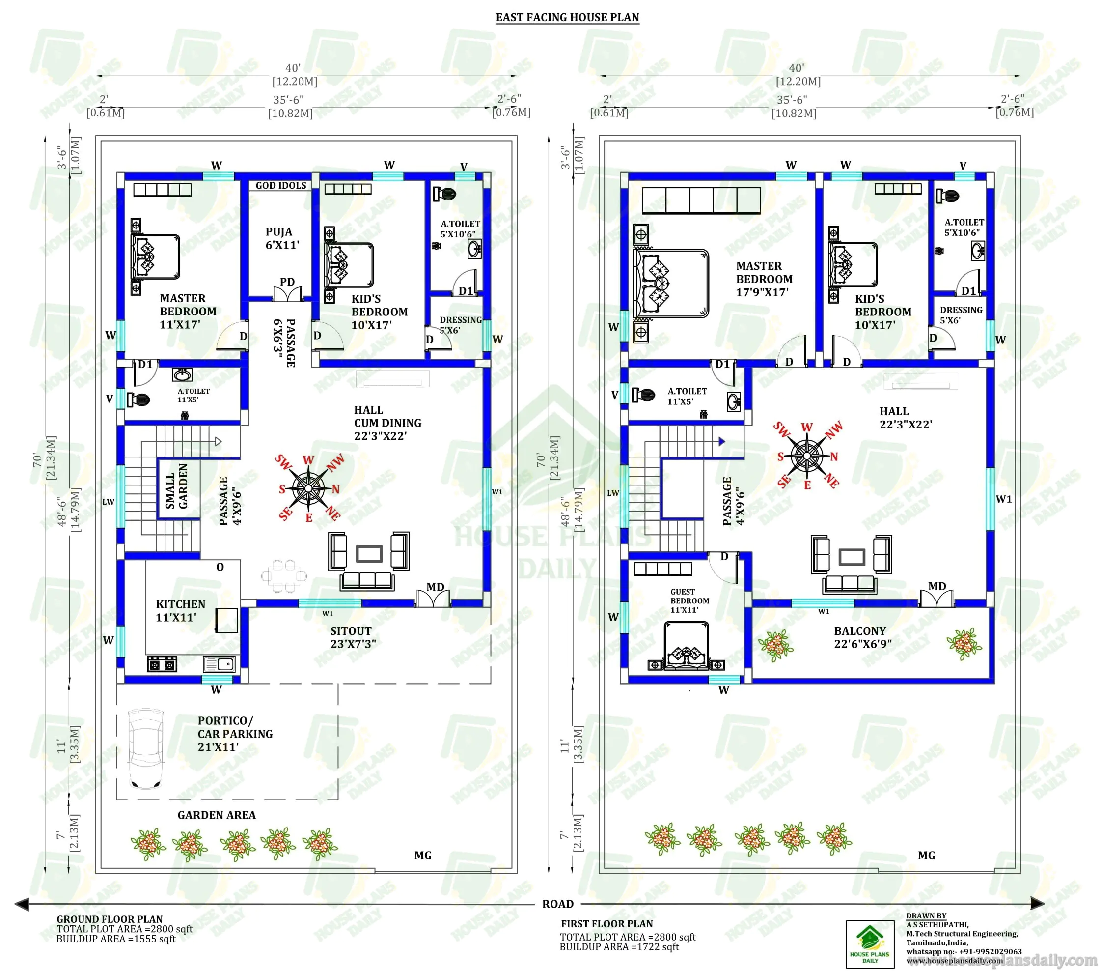 40x70 East Facing Duplex House Plan | 2800 Sqft Vastu Home with Car Parking and Balcony