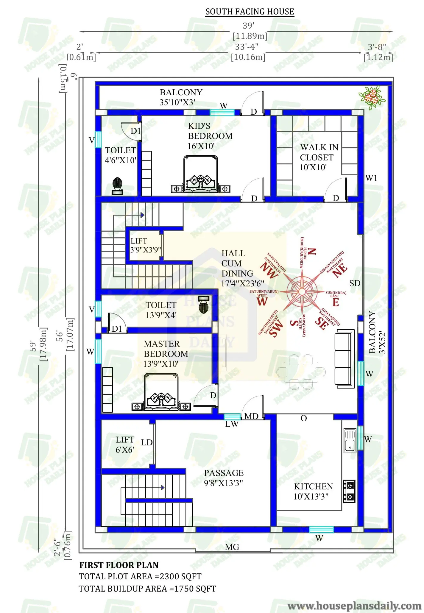 39x59 G+2 South Facing Home Plan With Vastu