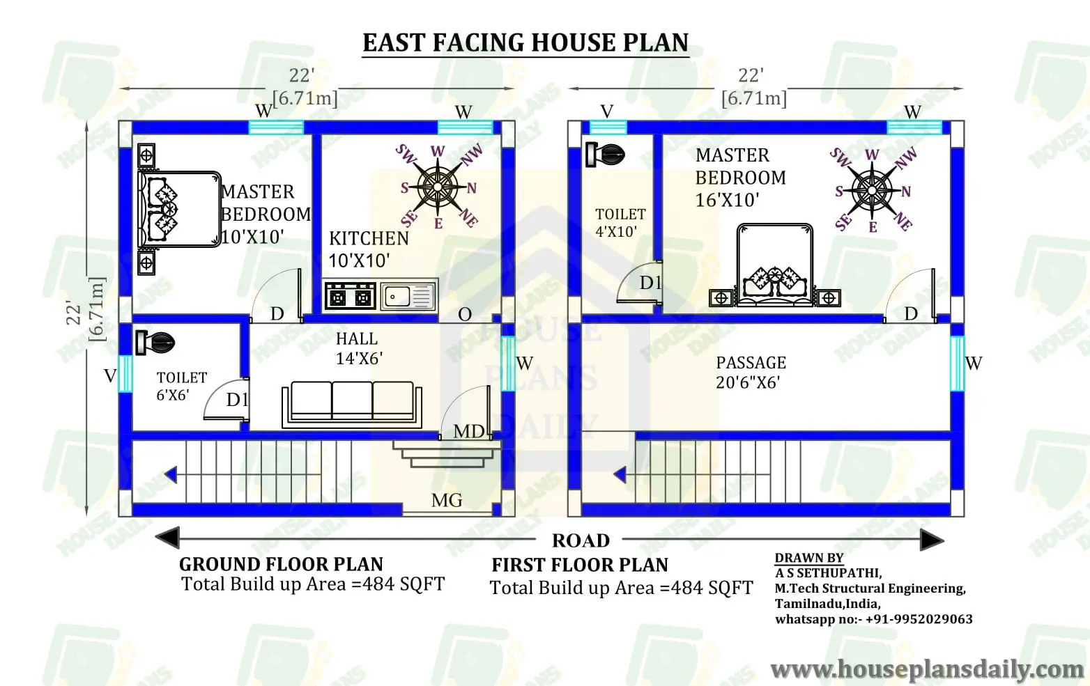 22x22 East facing Vastu Home Plan