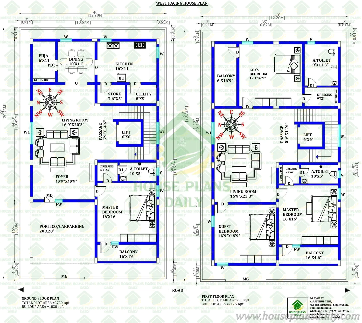 40x68 West Facing 4BHK Duplex House Plan | Vastu Two Story Home