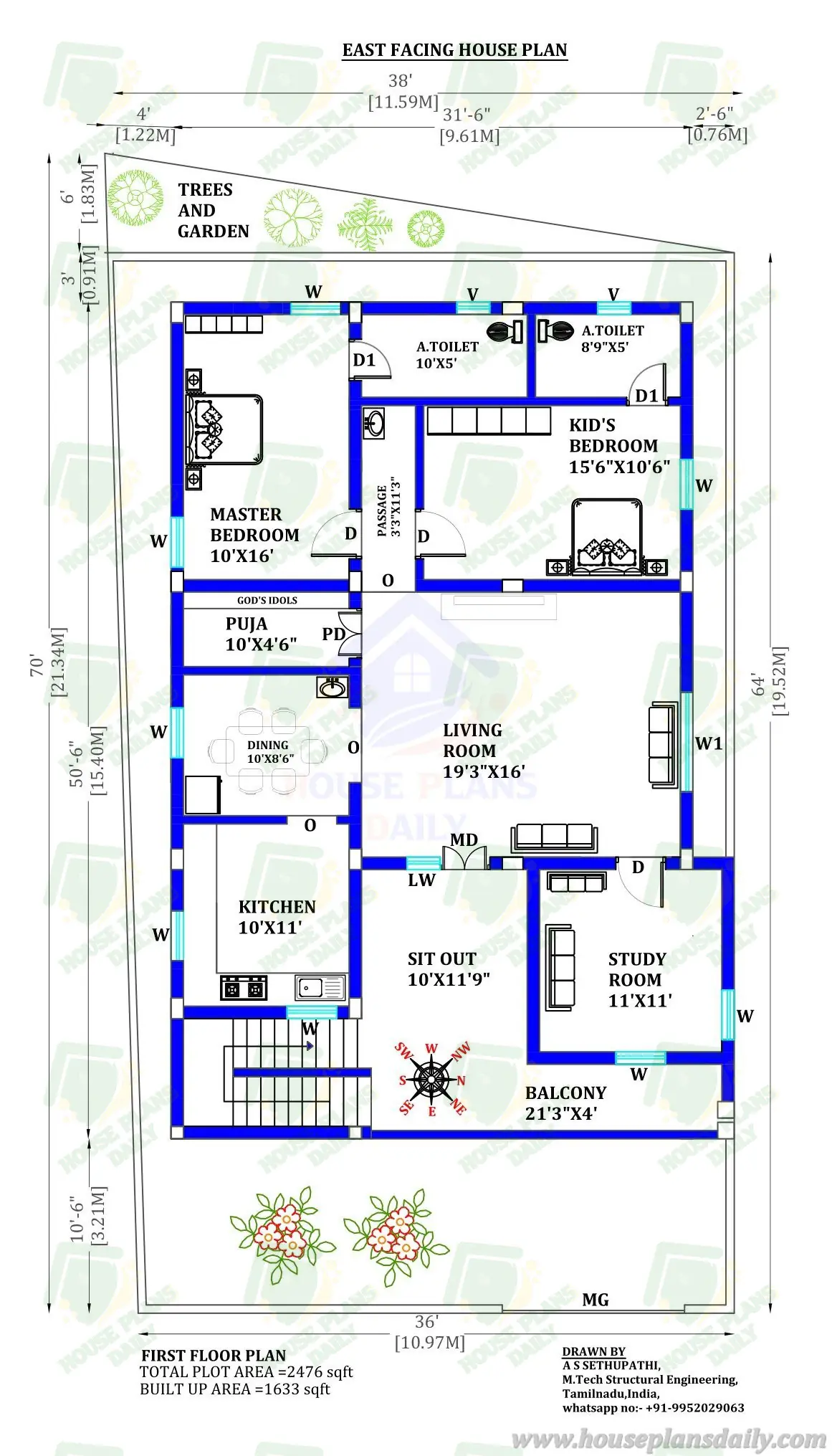 Vastu Plan for East Facing House | East Facing Vastu Plan | 2 Bedroom House Plan