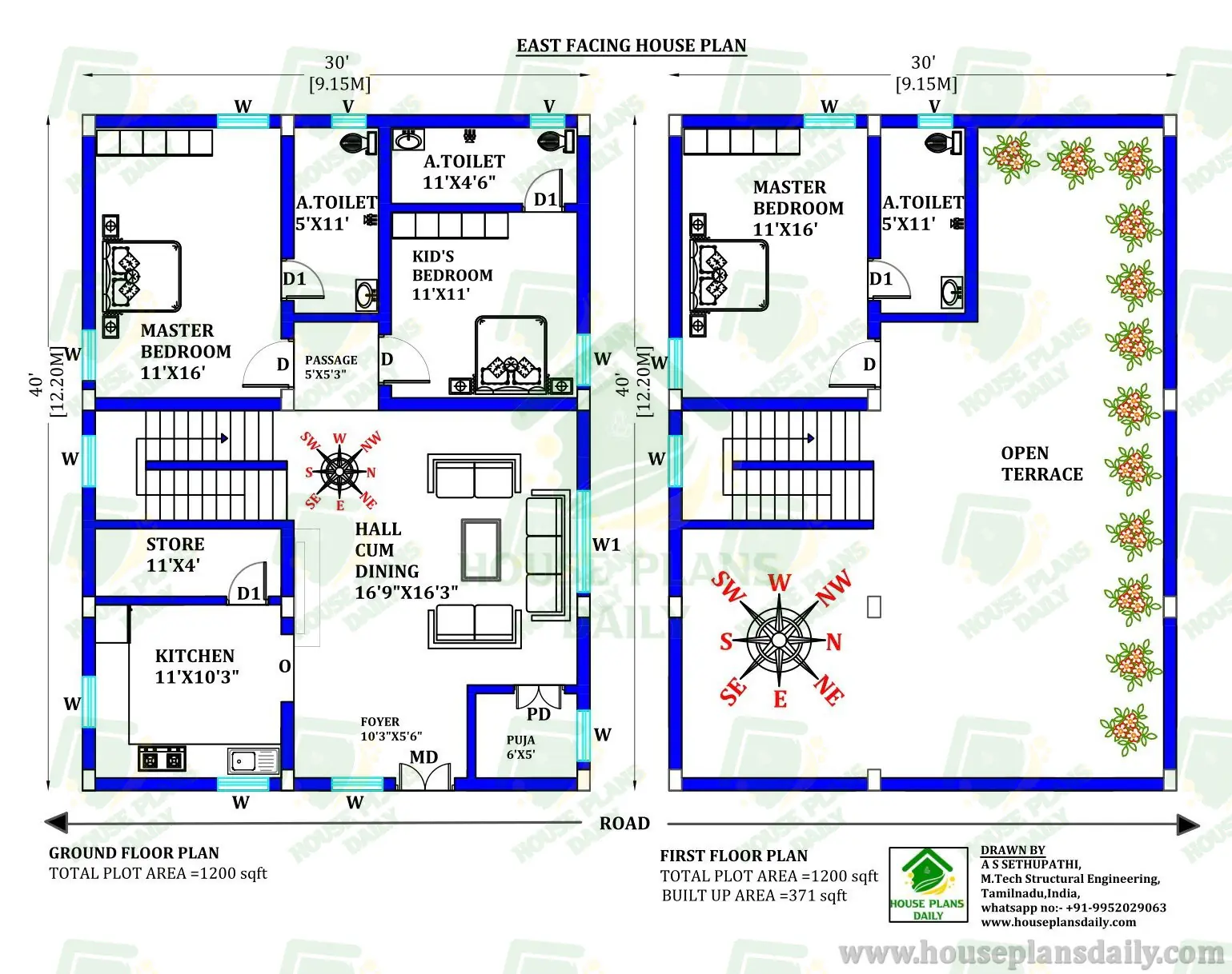 30x40 Duplex House Plan | East Facing House Plan | 1200 SQFT House
