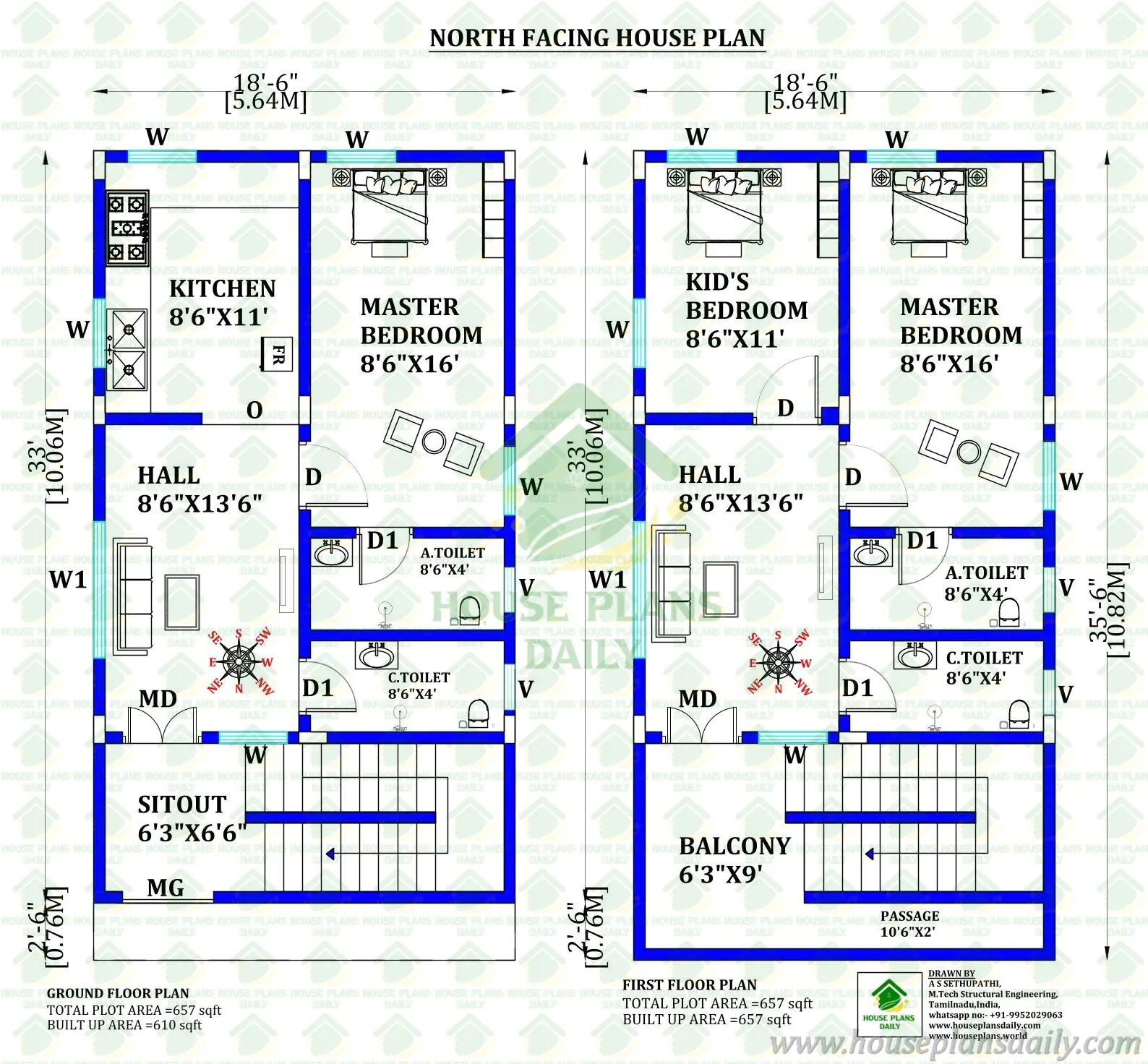 North Facing 3BHK House Plan | Two Story Vastu Design