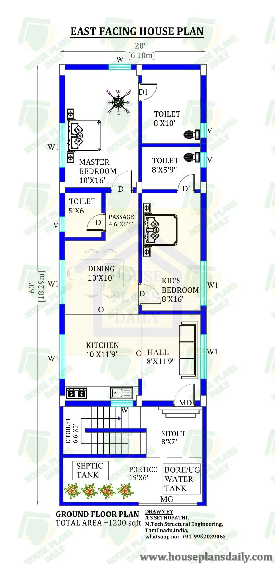 20x60 East Facing Vastu Home Plan