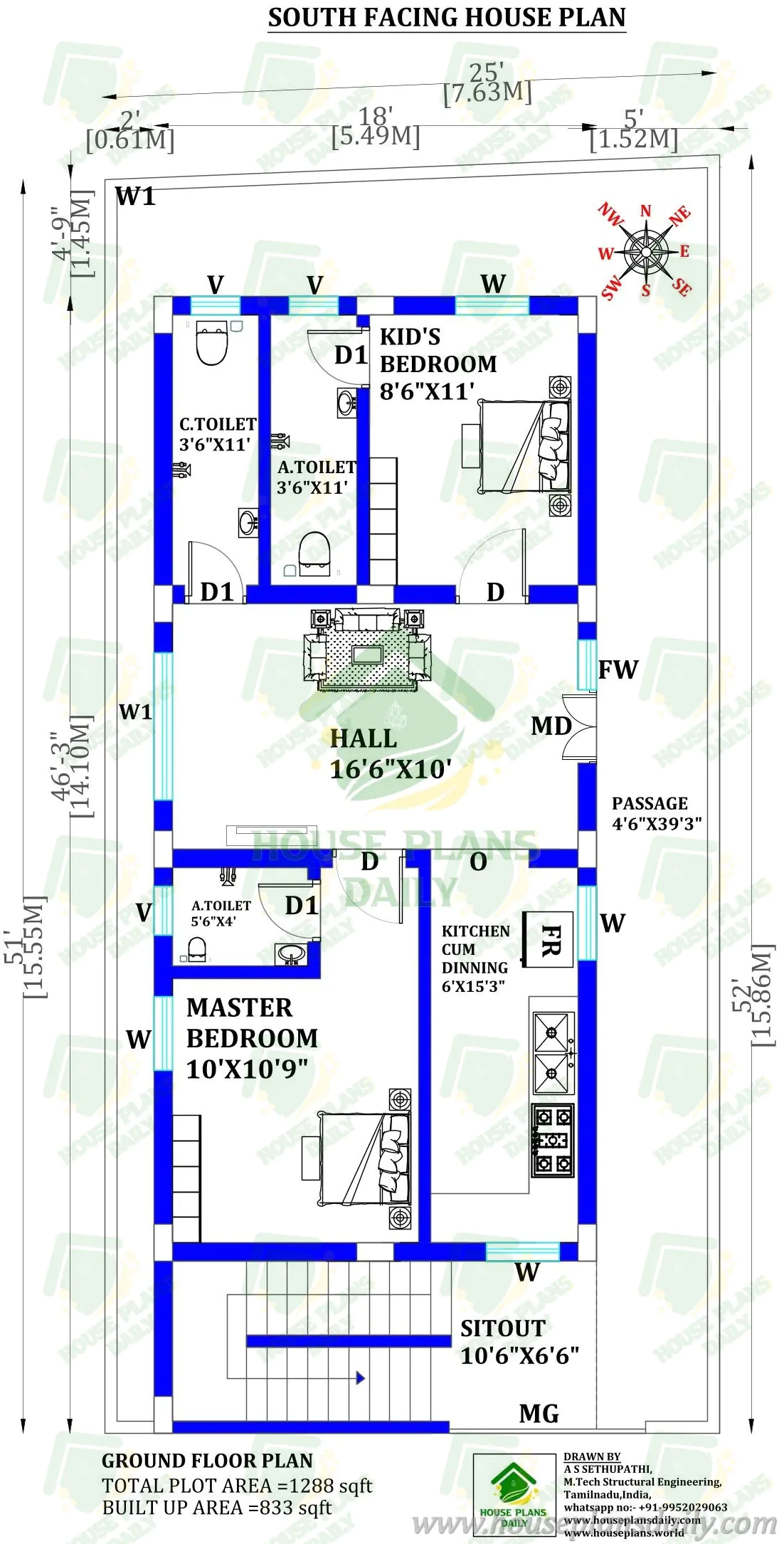 South Facing 2bhk House Plan Under 900 Sqft with Vastu Details