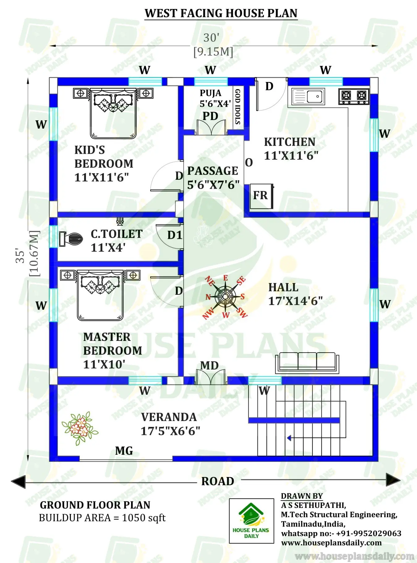WEST FACING HOUSE PLAN WITH VASTU | GROUND FLOOR 2 BEDROOM LAYOUT