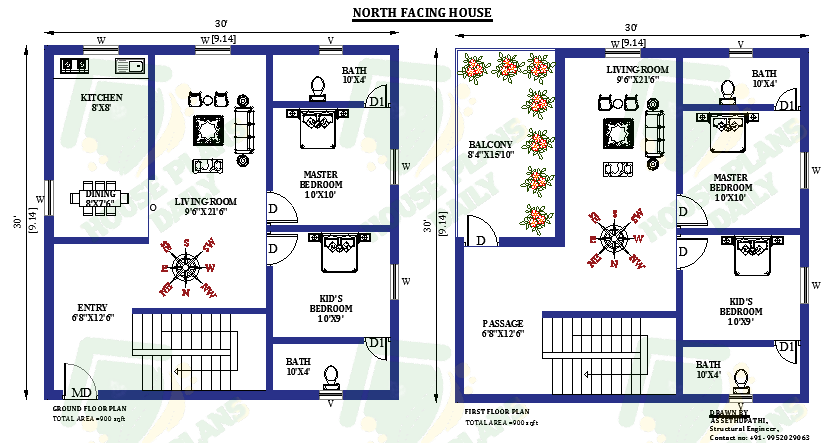 30x30 North Facing Vastu House Plan