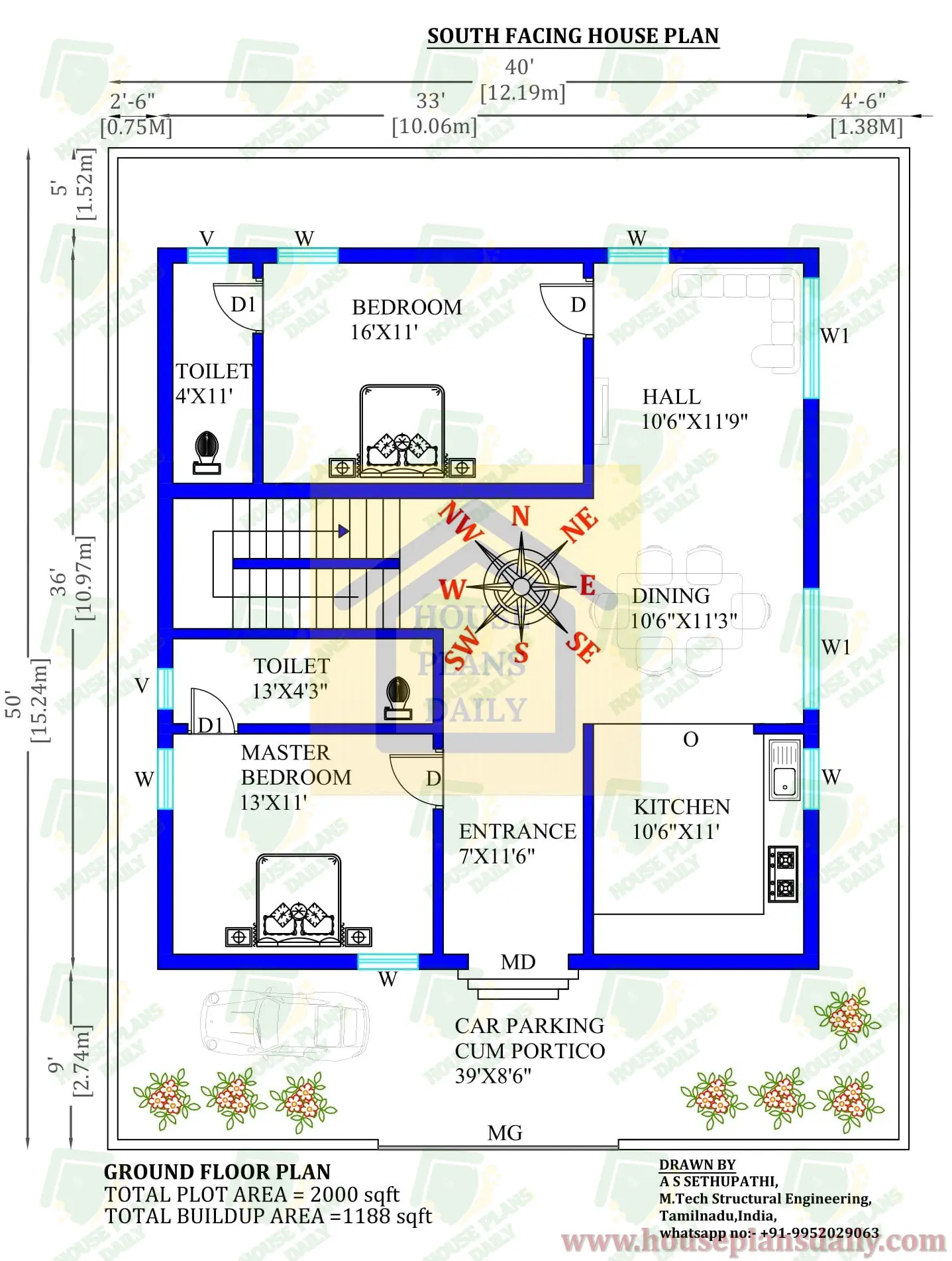 2000 Sqft House Plan | South Facing House | South Facing Duplex House Plan