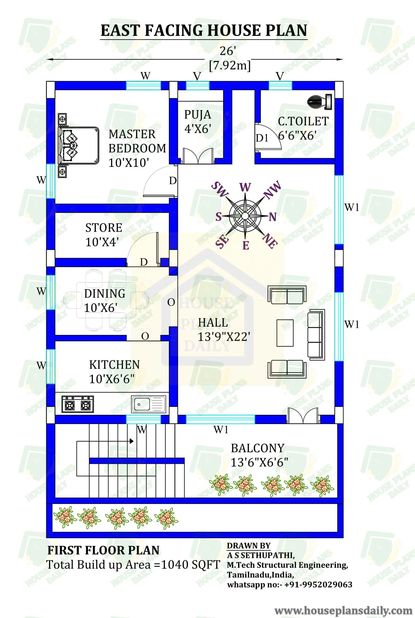 26x40 East Face House Plan As Per Vastu