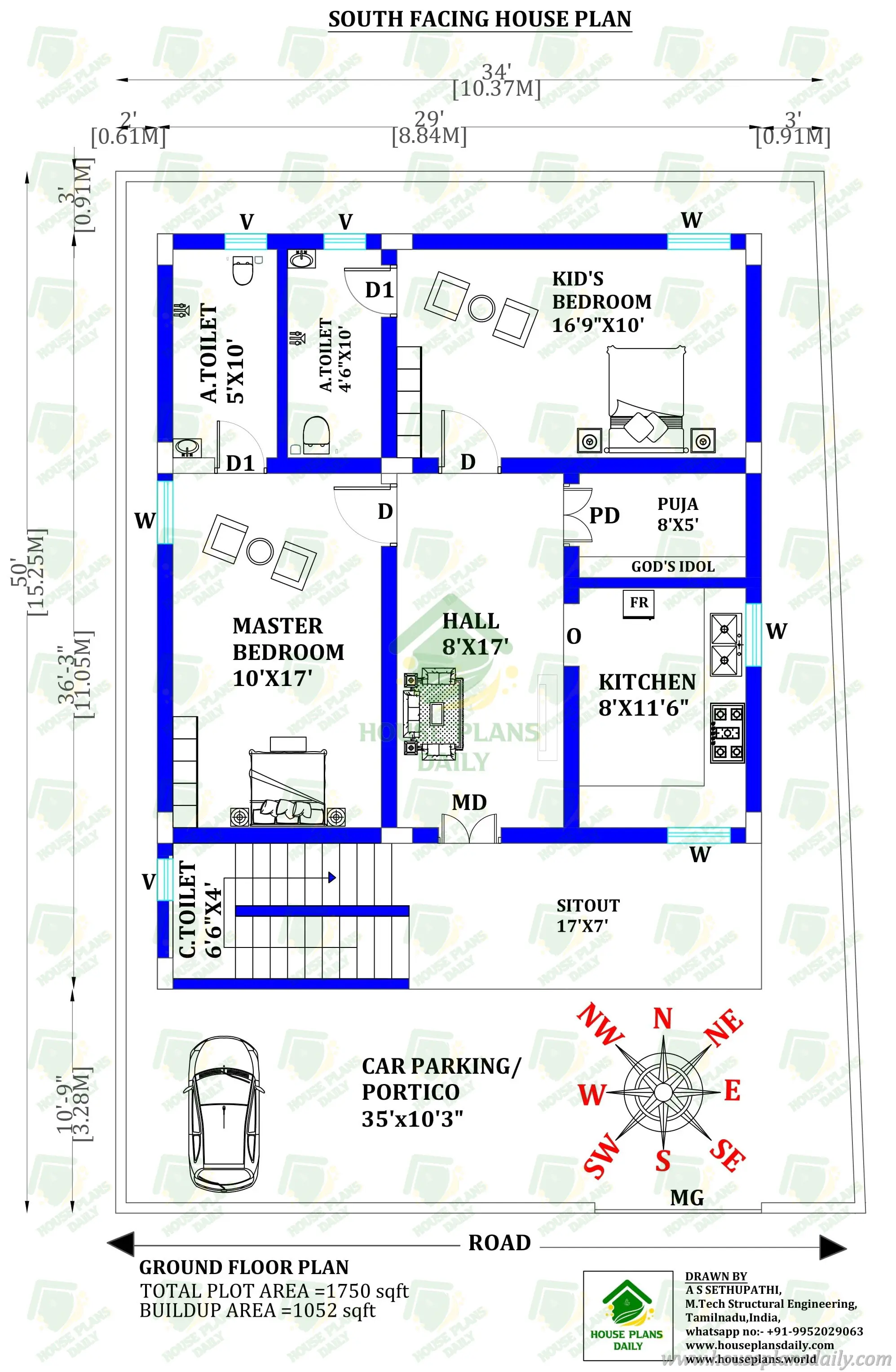 South Facing House Plan As Per Vastu | 1750 Sqft Plot House Plan