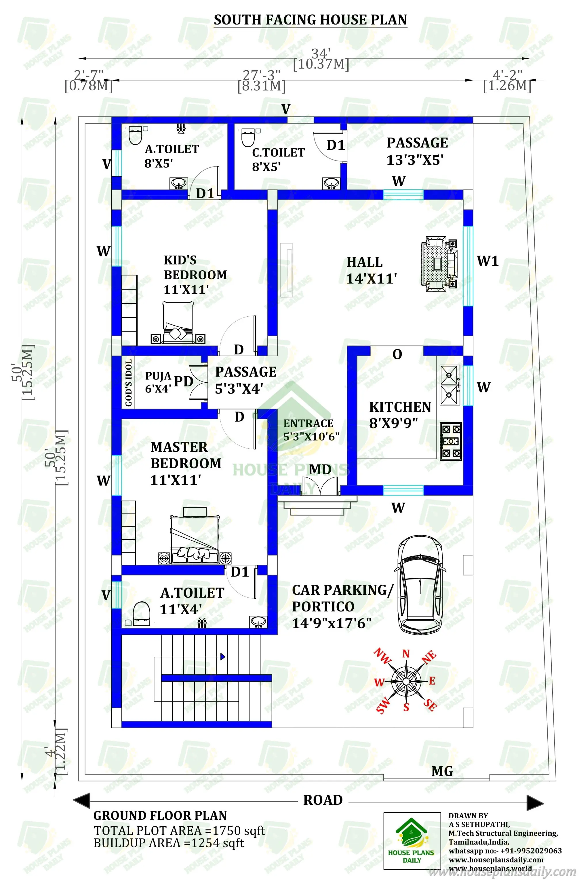 2bhk Ground Floor House Plan | South Facing Vastu Home