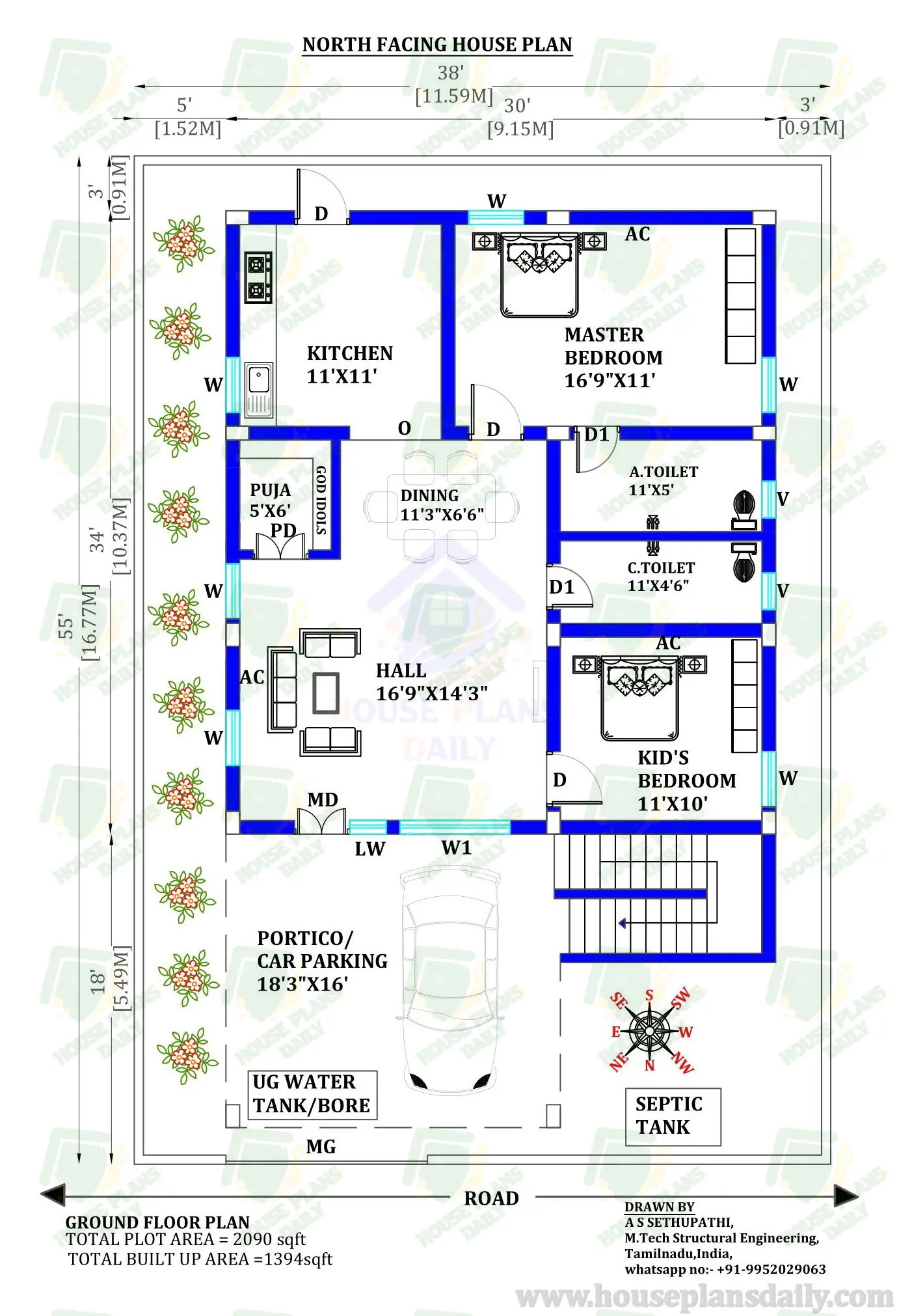 30x55 House Plan | 2bhk North Face House Plan