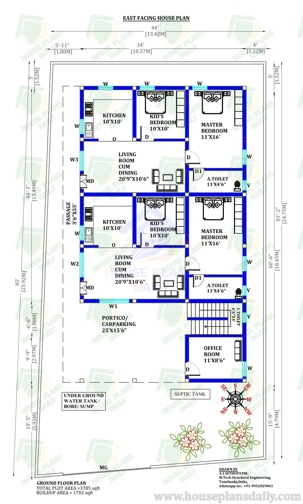 2bhk East Facing House Plan | G+2 House Plan | 3 Story House Plan