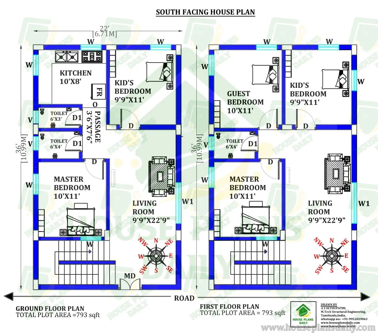 South Facing G+1 Duplex House Plan | 5 Bedroom Vastu Home Design