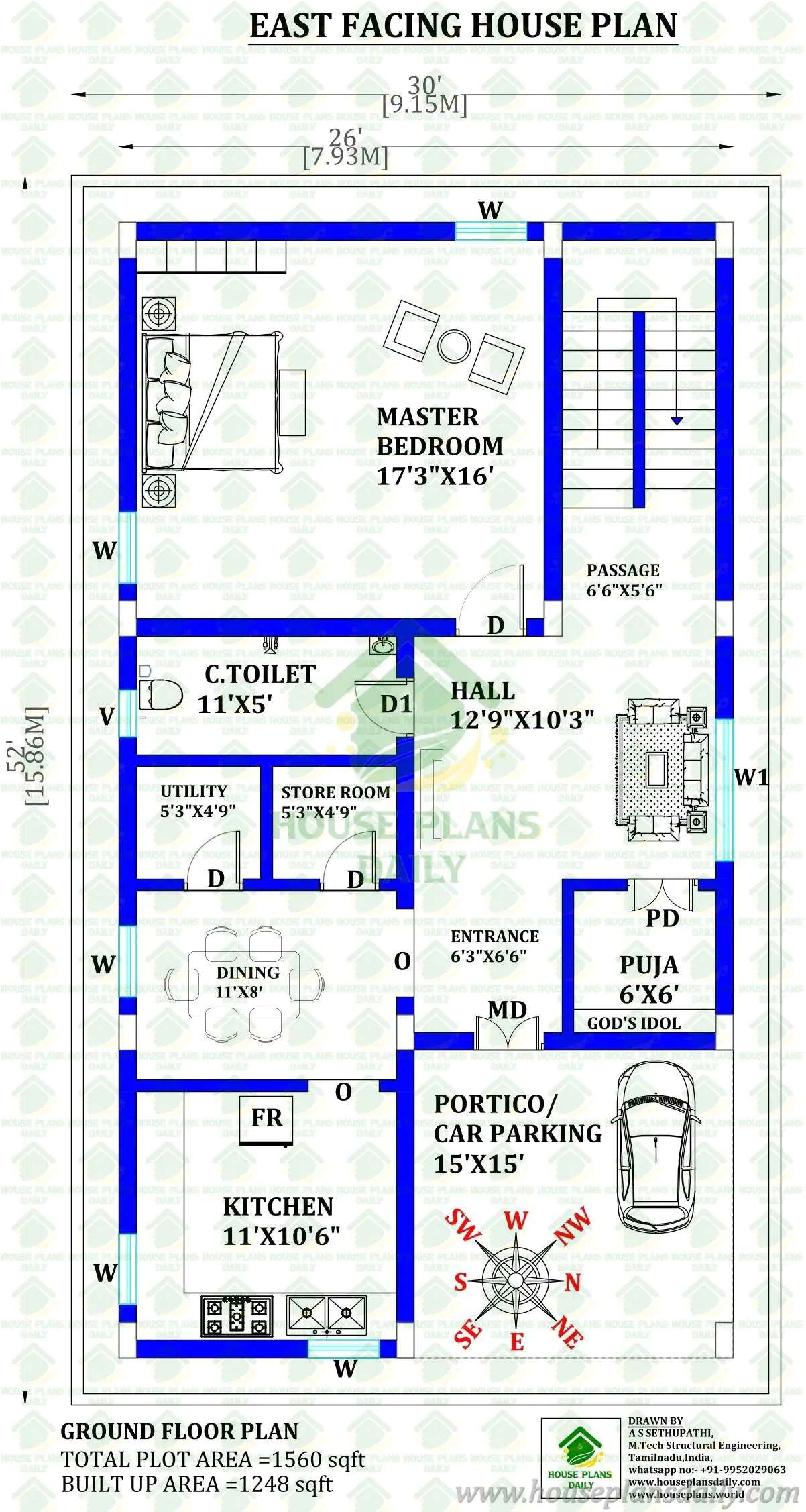 East Facing 1BHK House Plan with Car Parking