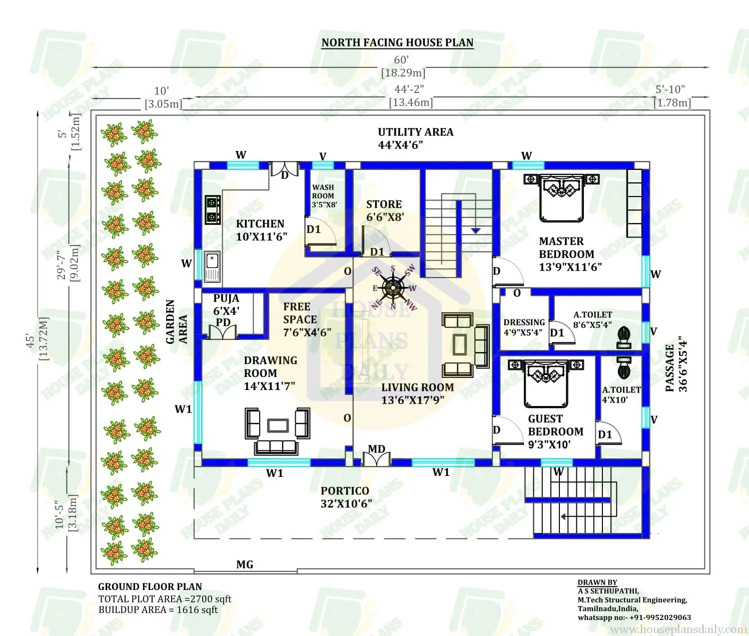 Vastu North Facing House Plan | 60x45 Makan Design