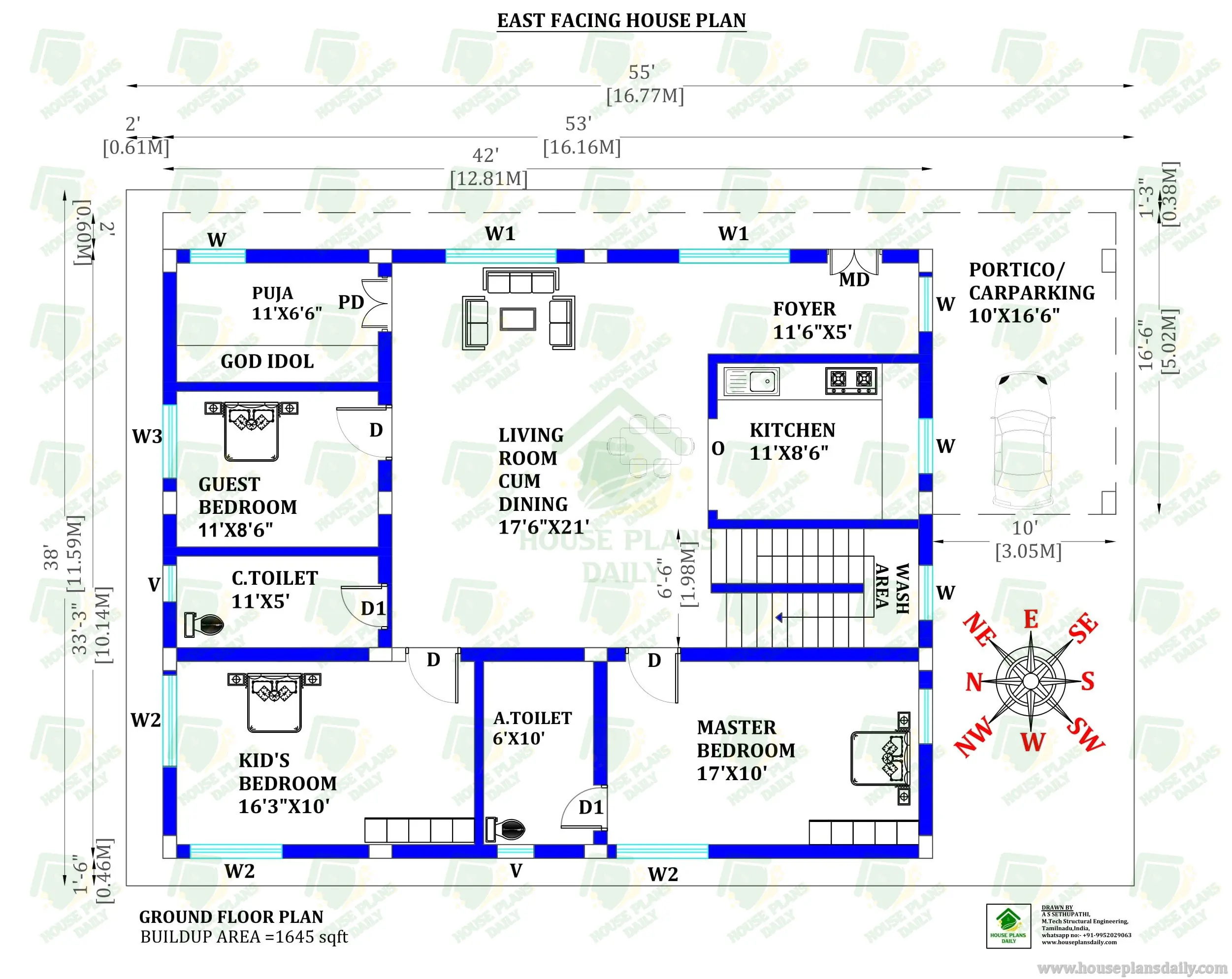 EAST FACING MULTI FLOOR HOUSE PLAN | 3 LEVEL HOME DESIGN BLUEPRINT