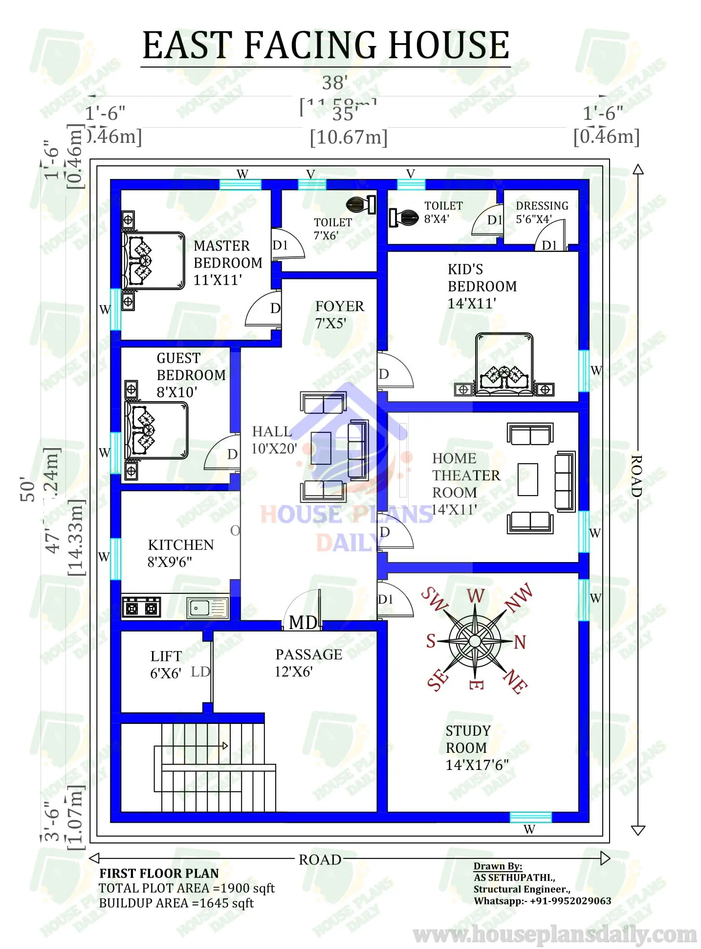 38X50 G+2 House design as per vastu