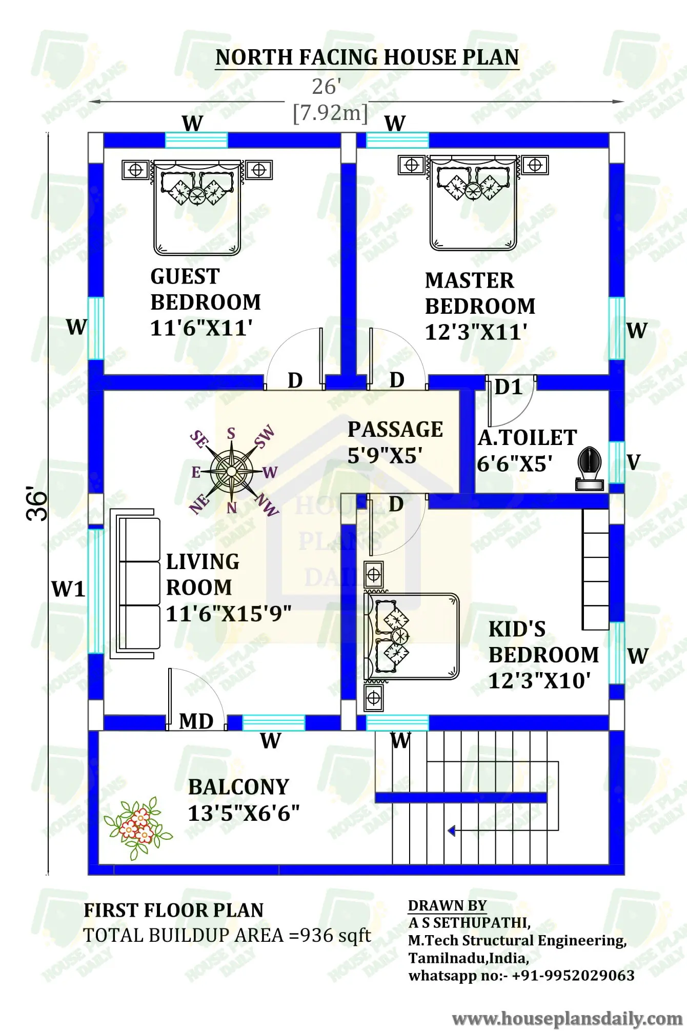 26x36 north facing house Vastu design