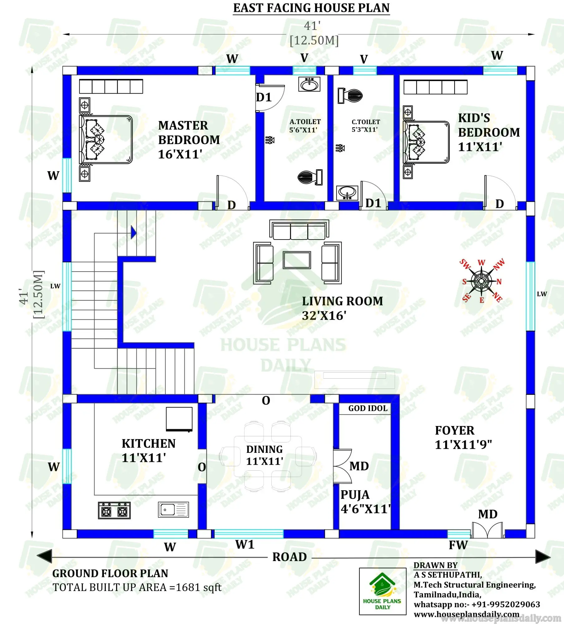 41×41 East Facing Ground Floor House Plan | 2BHK 1600 Sq Ft Design