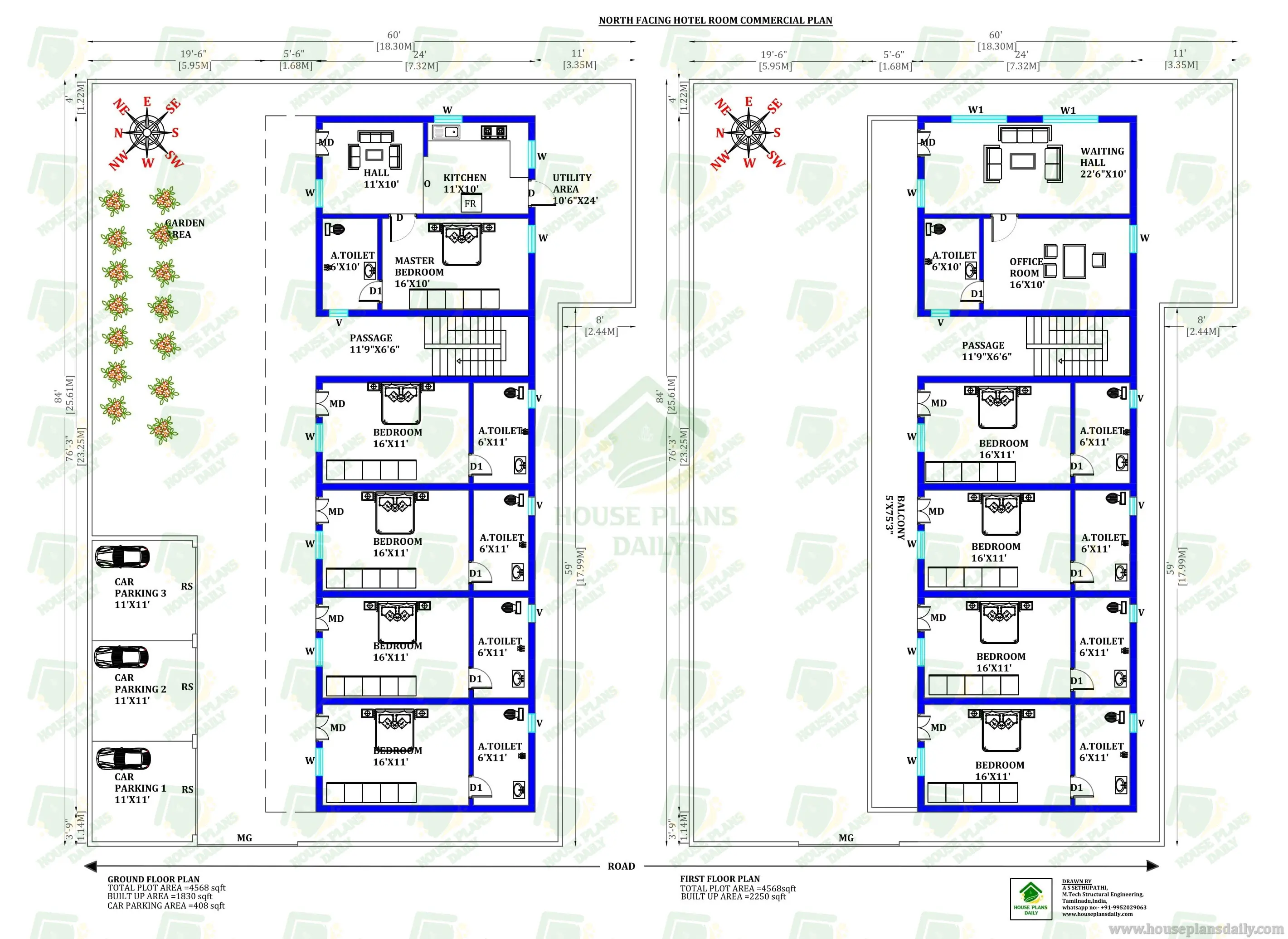 NORTH-FACING HOTEL ROOM COMMERCIAL PLAN | HOTEL BUILDING PLANS