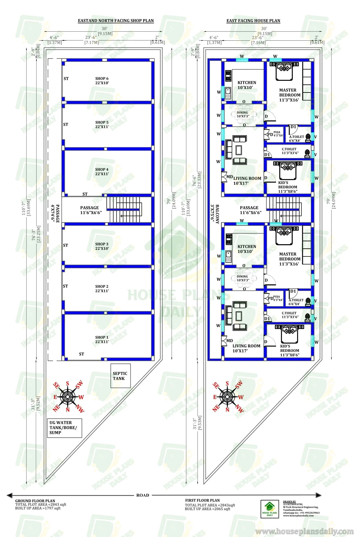 Commercial Building Plan with 6 Shops and Twin 2BHK House Units