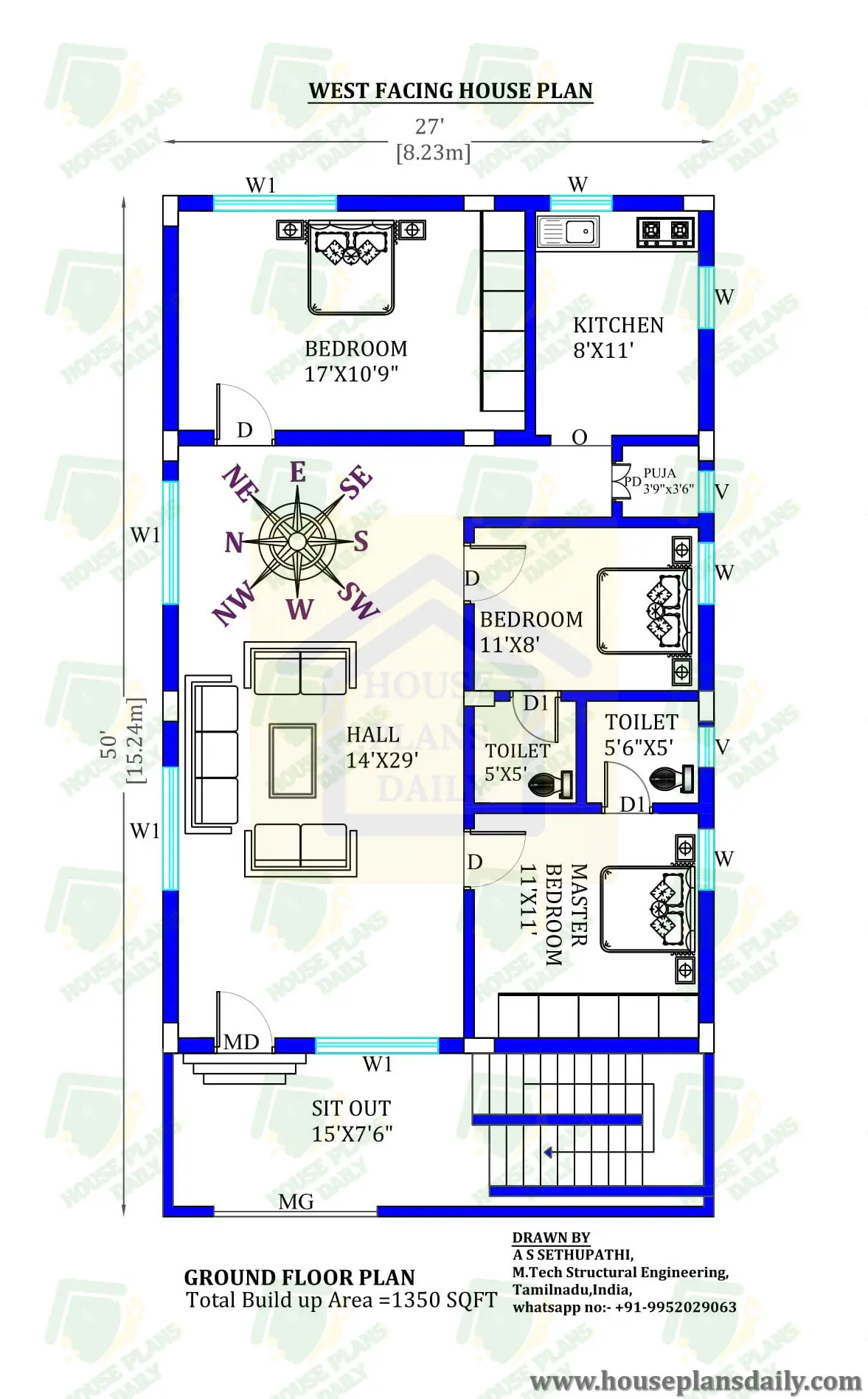 Modern House | West Facing House | 3BHK House Plan