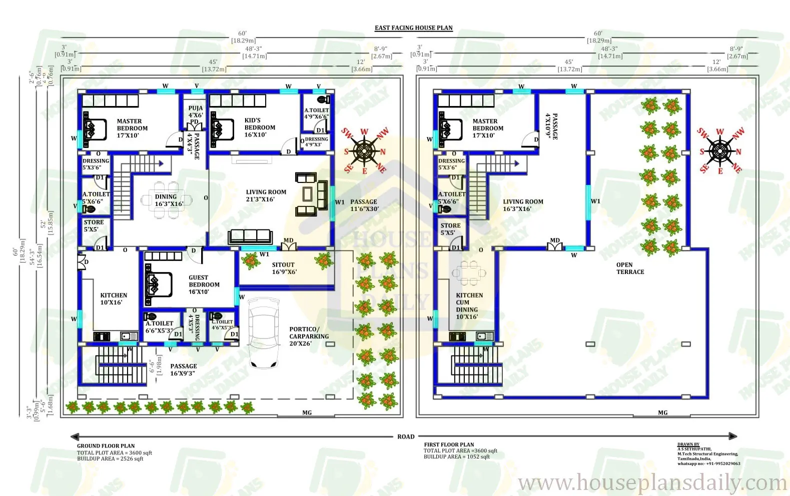 East Facing House Plan With Vastu | 60x60 Home Design