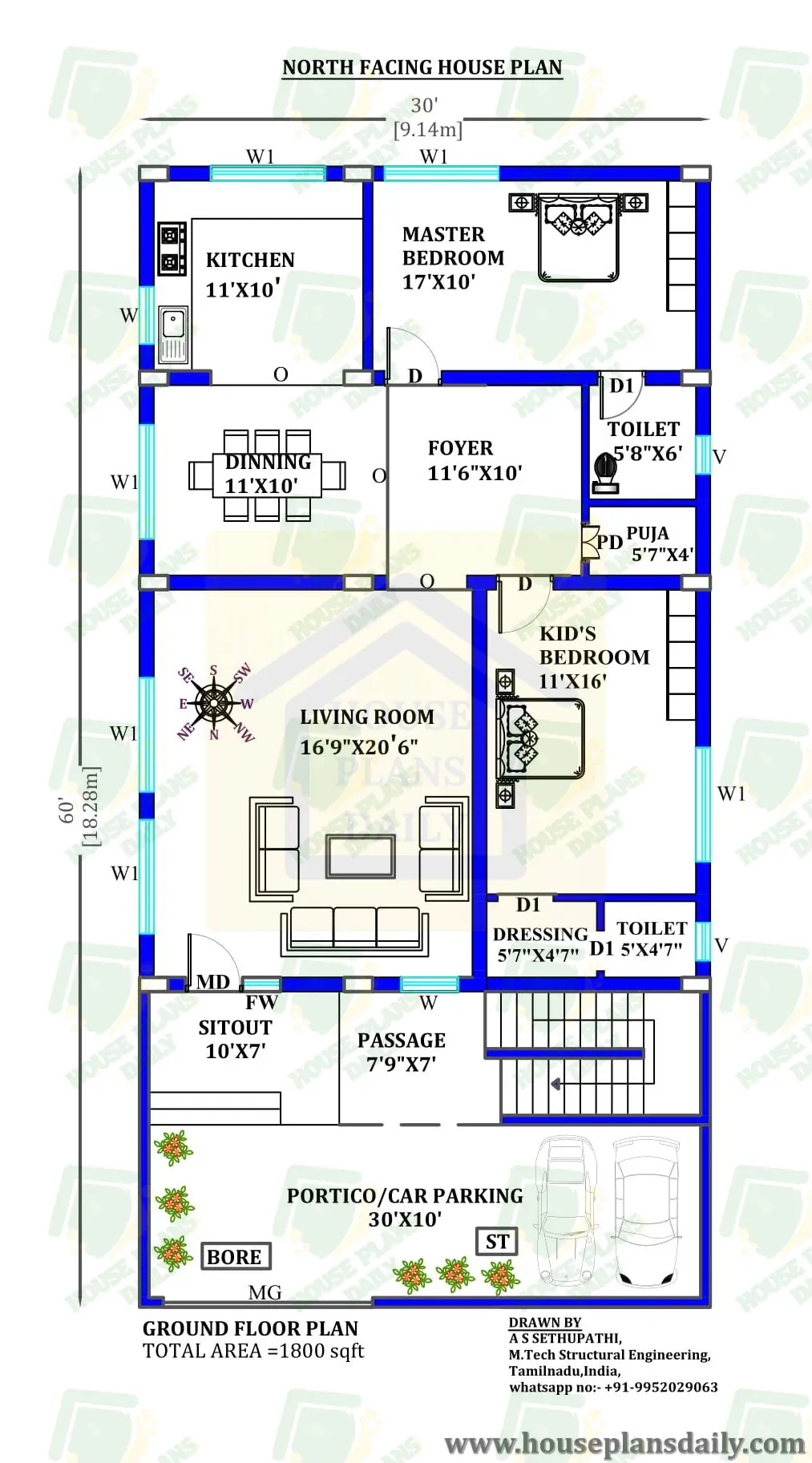 30x60 North Facing House Design