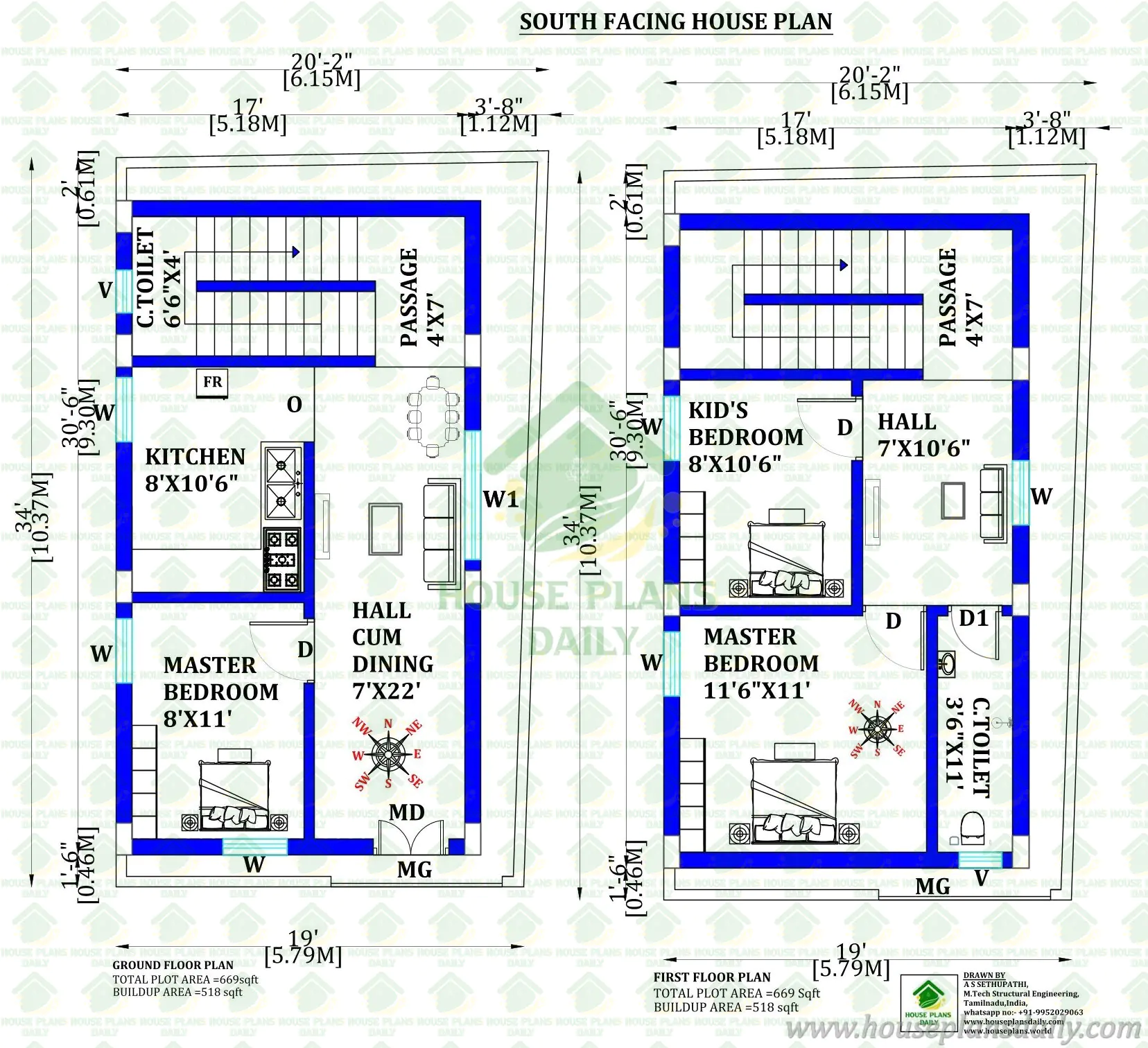 South Facing Gplus1 House Plan | 669 Sq Ft Modern Vastu Home Design
