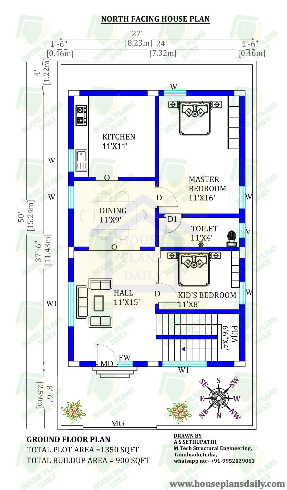 27x50 Modern North Facing Duplex House Plan