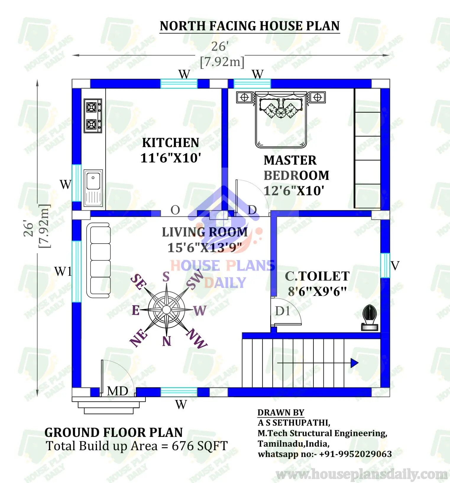 26x26 North Facing House Plan As Per Vastu