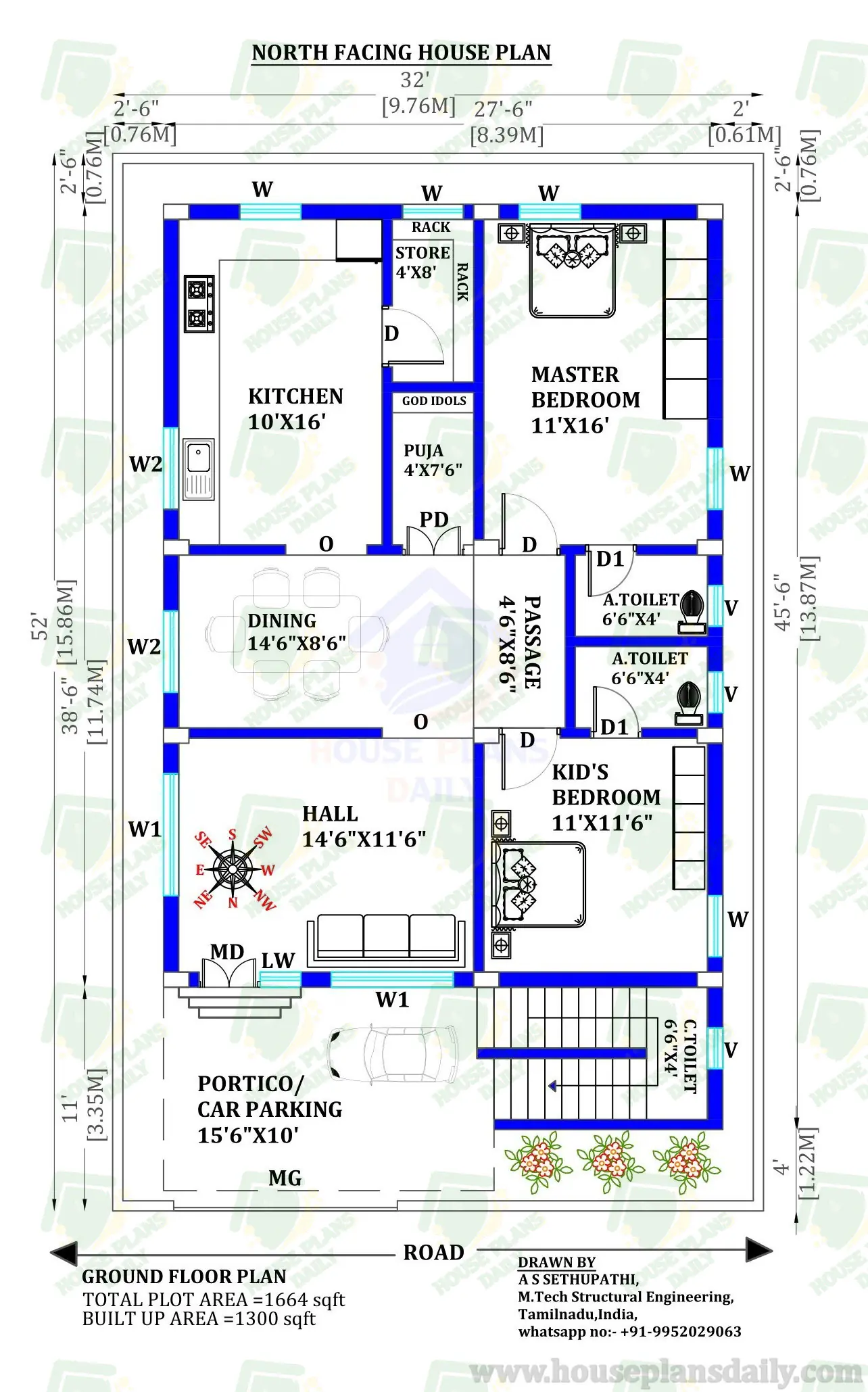 2 bhk House Plan in 1300 Sq ft | North Facing Ground Floor Plan