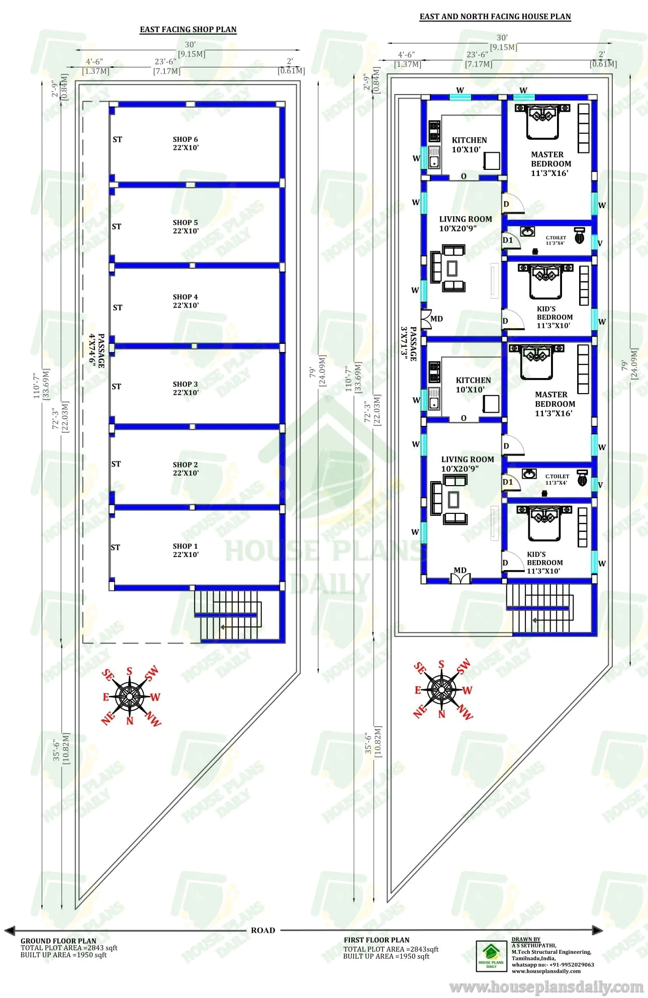East Facing Shop Floor Plan with Two North Facing 2BHK Units